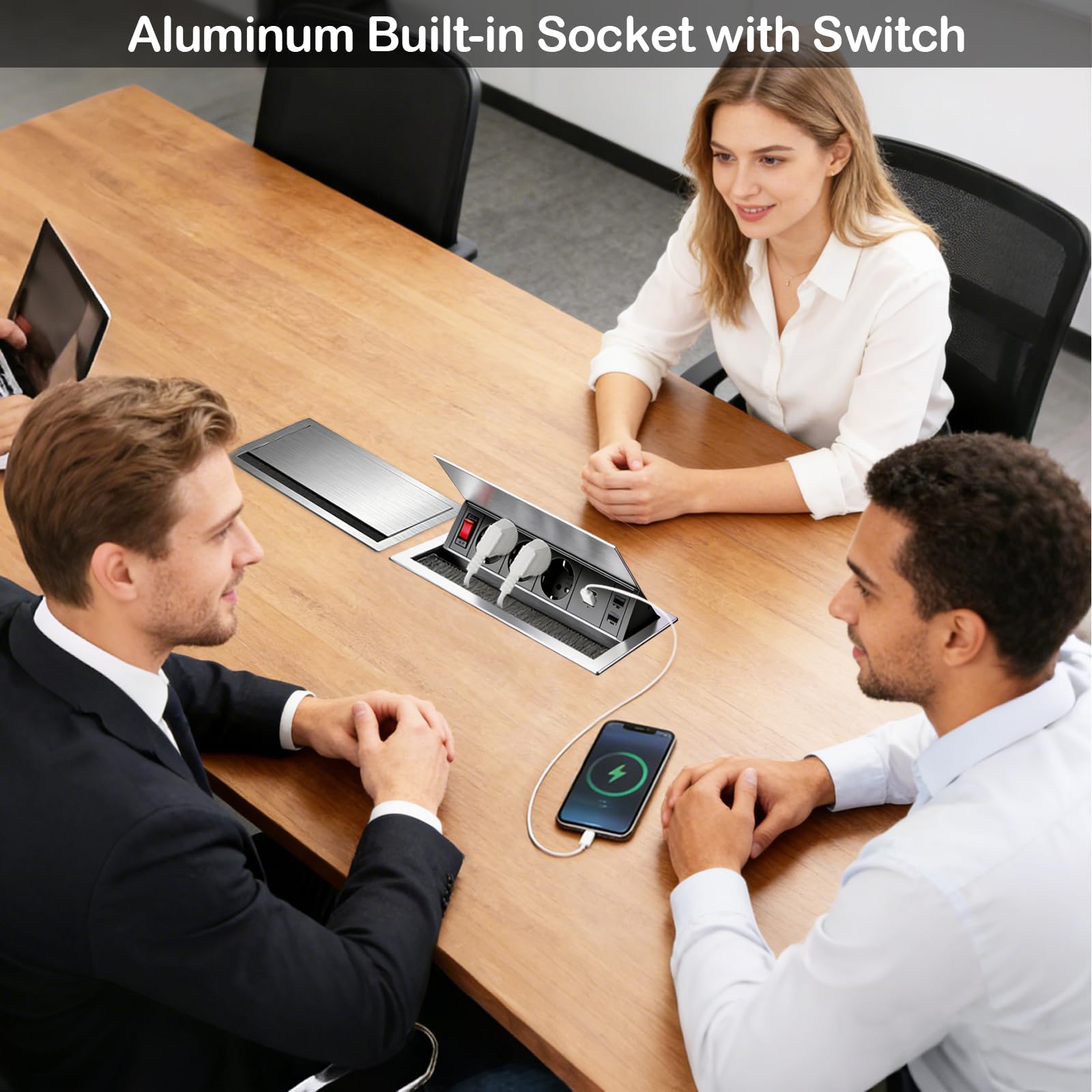 Enchufe Empotrable de Aluminio de 3 Enchufes con Tipo C, USB y 2 CAT6, Regleta Retráctil con Interruptor Ángulo Ajustable para Cocina, Escritorio y Oficina, Cable de 1,8M