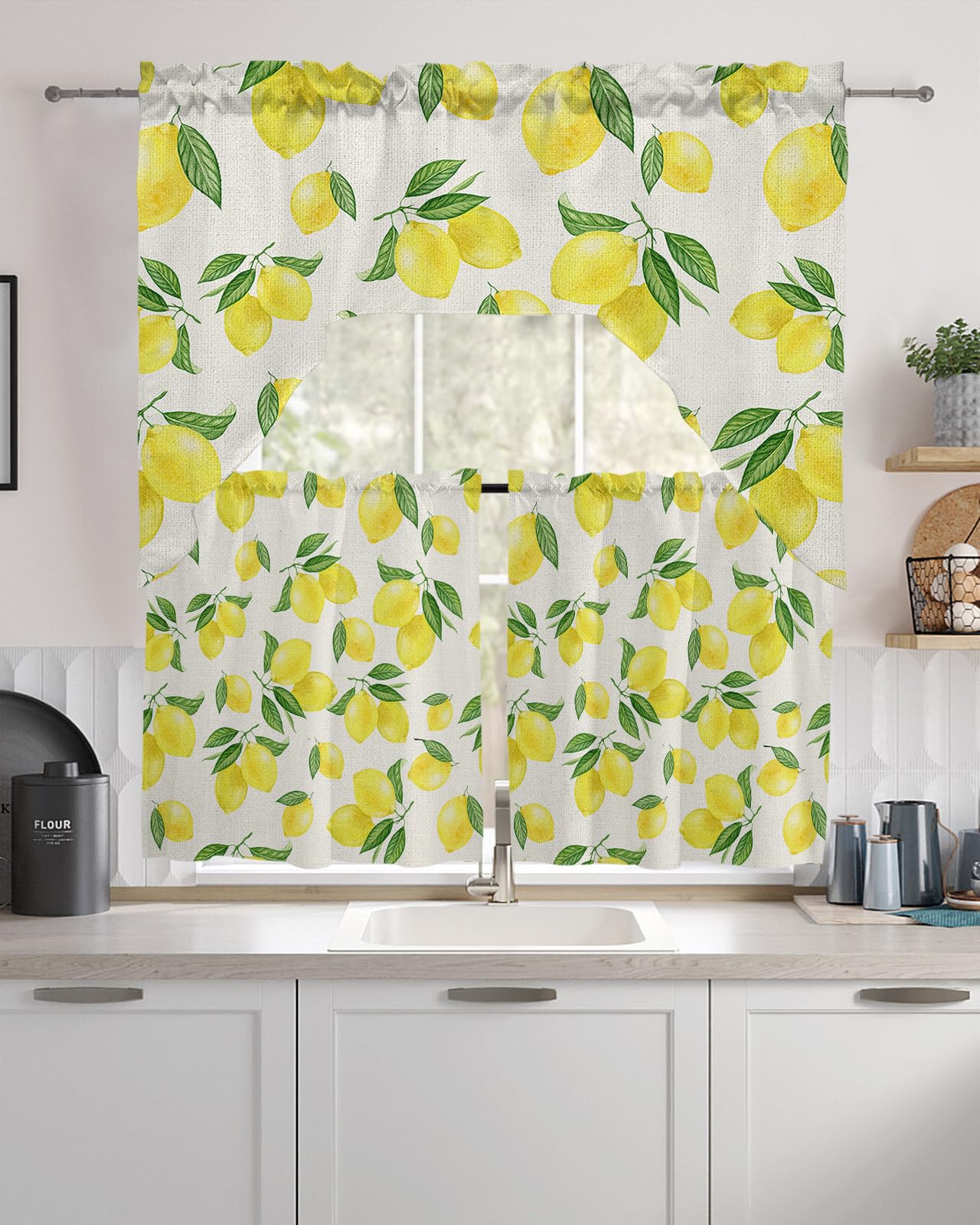 Lemon Leaves Swag Kitchen Curtain Sets with Valance, 3 Pieces Rod Pocket Curtain Drapes for Bedroom Living Room Bathroom Cafe Windows, Summer Yellow Green Fruit Burlap 56''x36'' & 36''x27.5''x2Panels