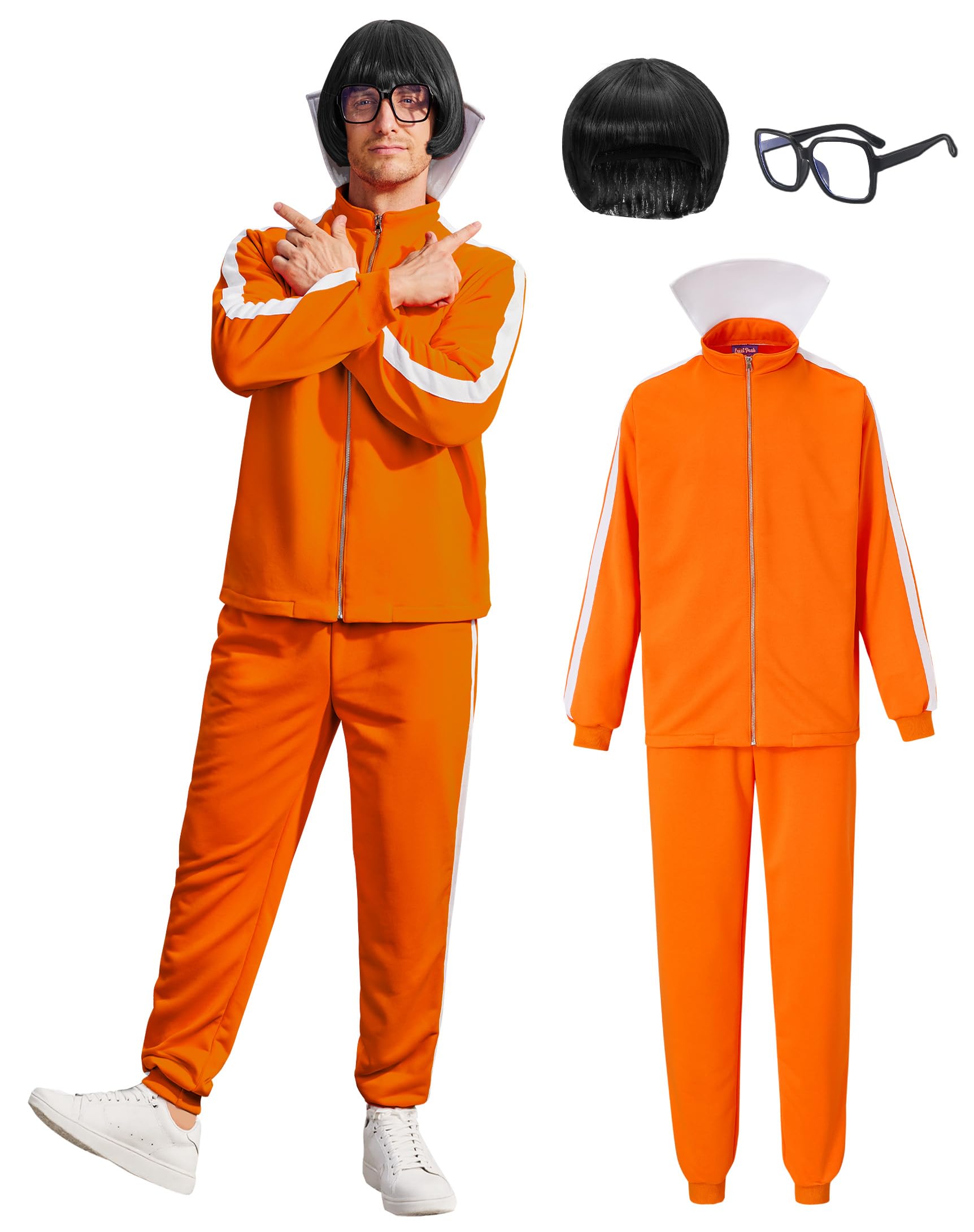 4 Pcs Mens Sports Suit Costume Halloween Party Adult Orange Sportswear Suit With Pants Wig Glasses S-3XL
