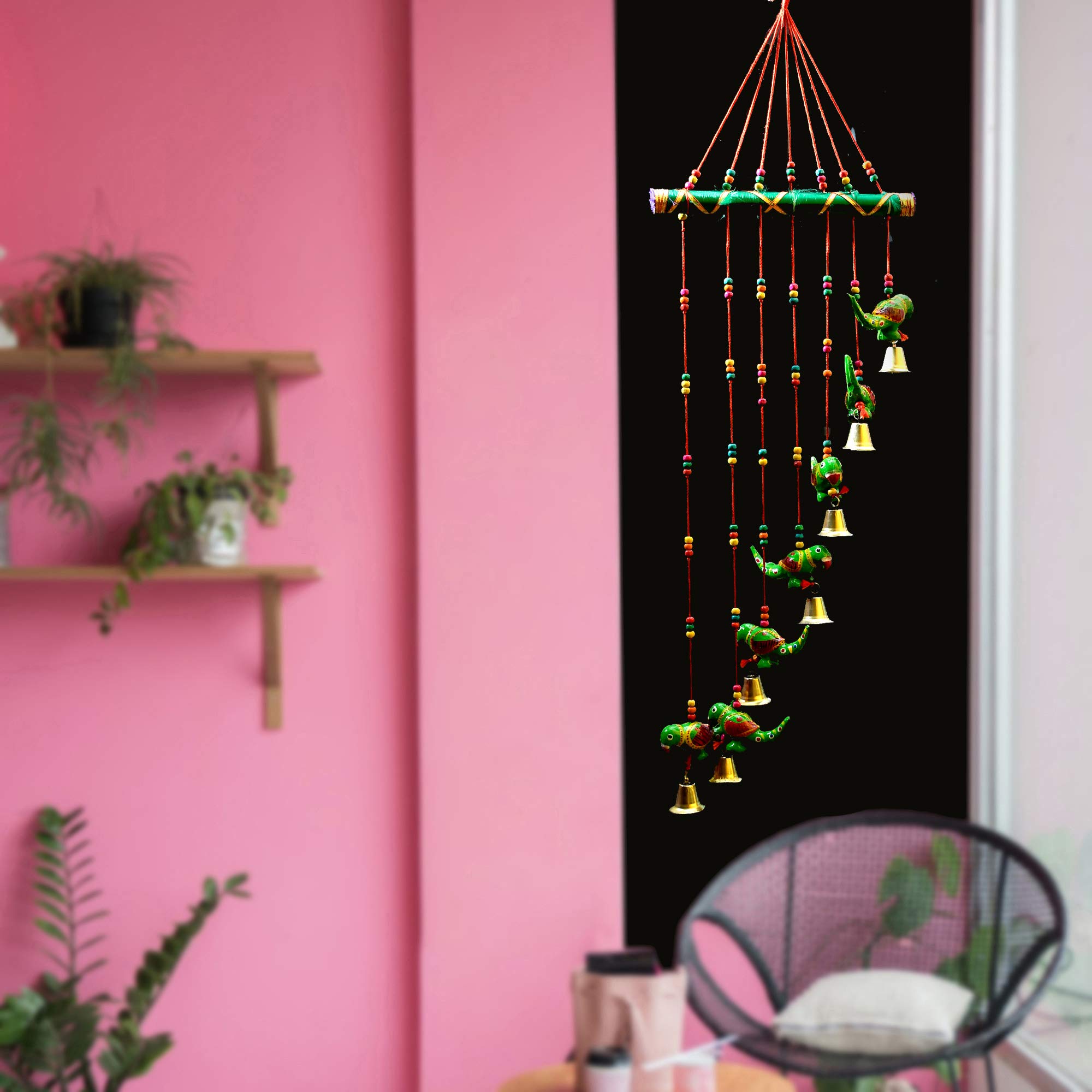 Rajasthani Art Shop Parrot Door Hanging Green Gota Wood Windchime(Parrot Wind Chimes -3)-image-14