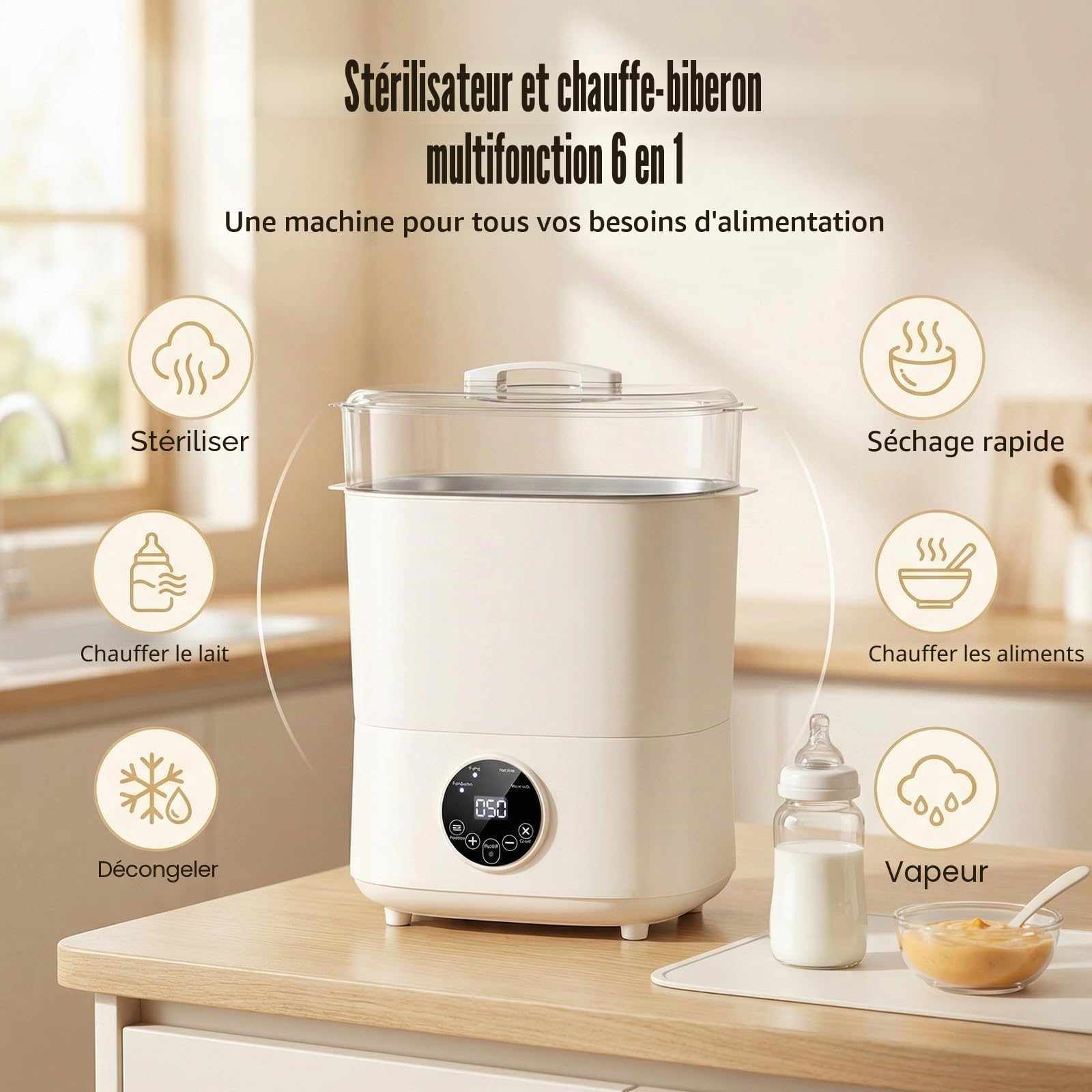 Stérilisateur et séchoir pour biberons, stérilisateur électrique 4 en 1 pour biberons, accessoires de tire-lait, tétine, grande capacité pour 5 à 8 bouteilles, arrêt automatique