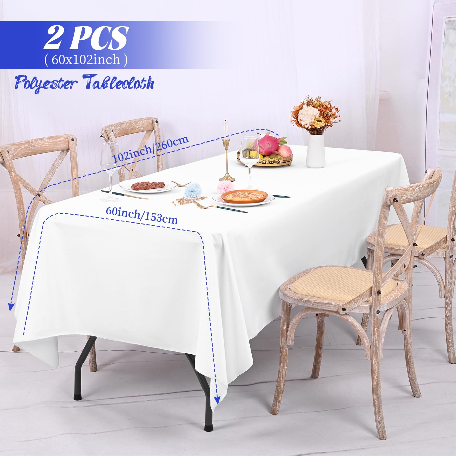 2 Pack White Rectangle Tablecloth 153 x 260CM/60 x 102Inch White Tablecloths Waterproof Polyester Table Cloth for 6 FT Tables Stain and Wrinkle Resistant Washable Fabric Table Cover for Party Wedding - Image 2