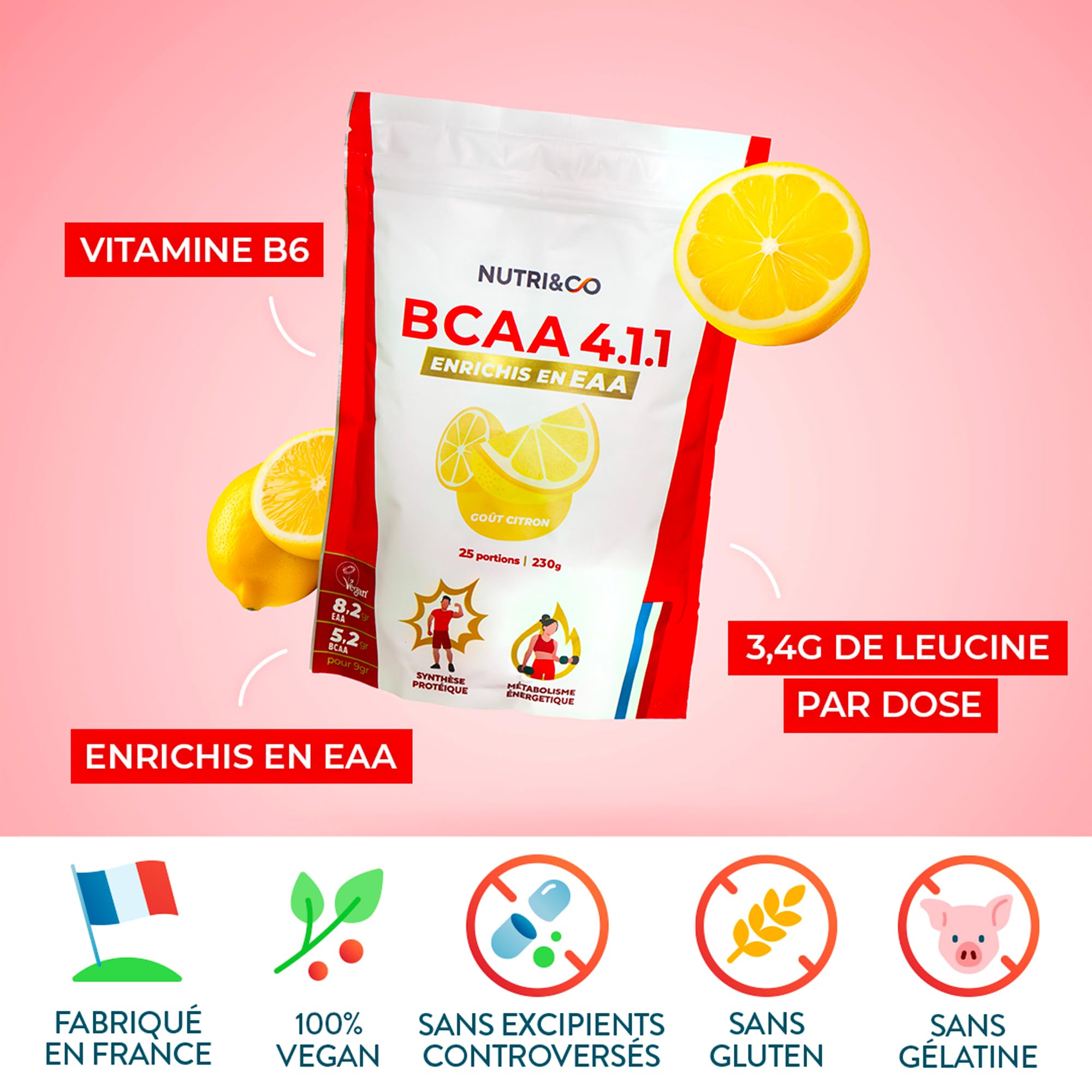 NUTRI & CO BCAA en Poudre 4.1.1 enrichi en EAA - Acides Aminés Prise de Masse & Récupération Musculaire - Leucine, Isoleucine, Valine - Vitamine B6-230g Saveur Citron - 25 portions Vegan