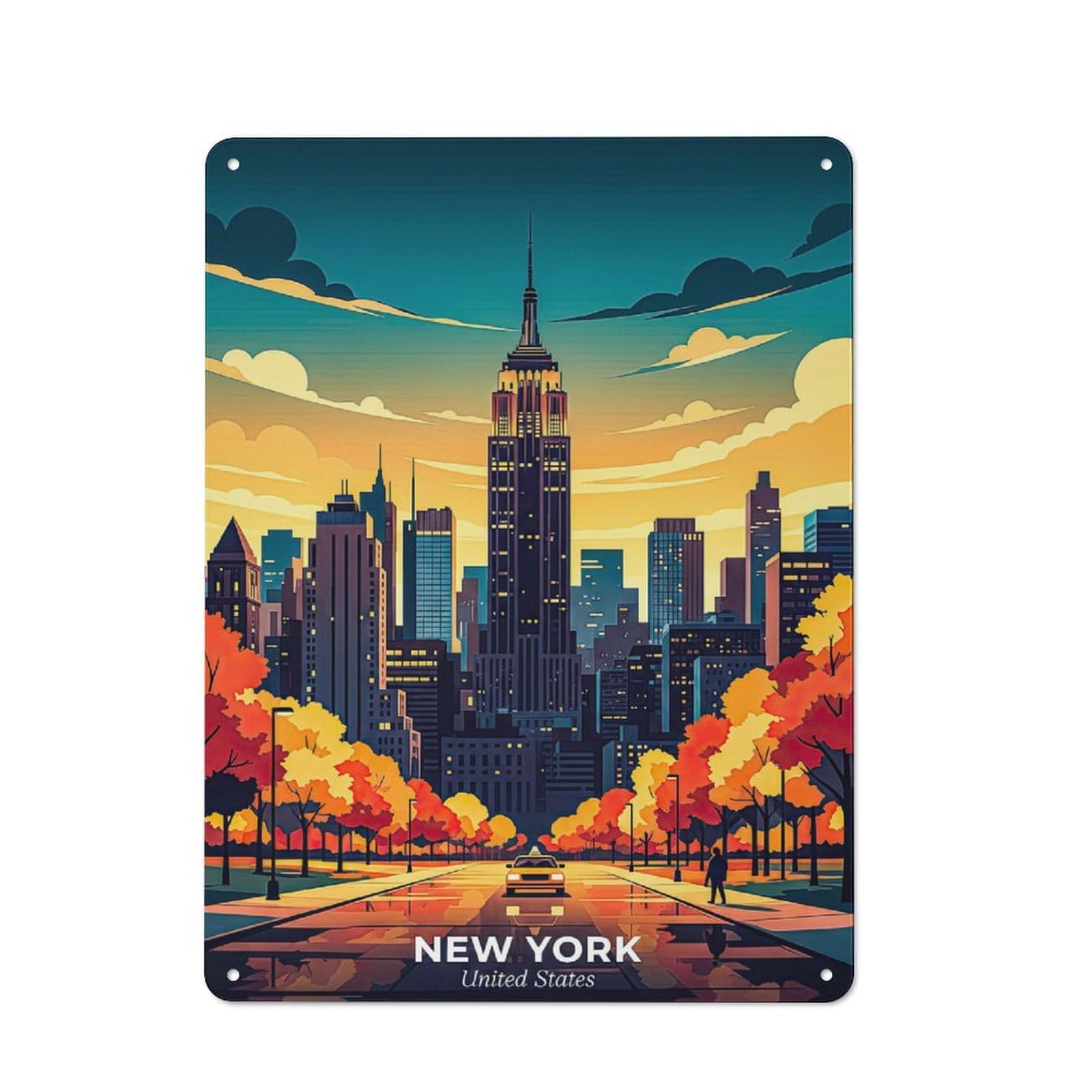 Junmoney Style-15 New York Cityscape At Sunset Retro Metal Wall Decor 40X30cm, Metal Sign For Bar, Kitchen, Garage Or Games Room