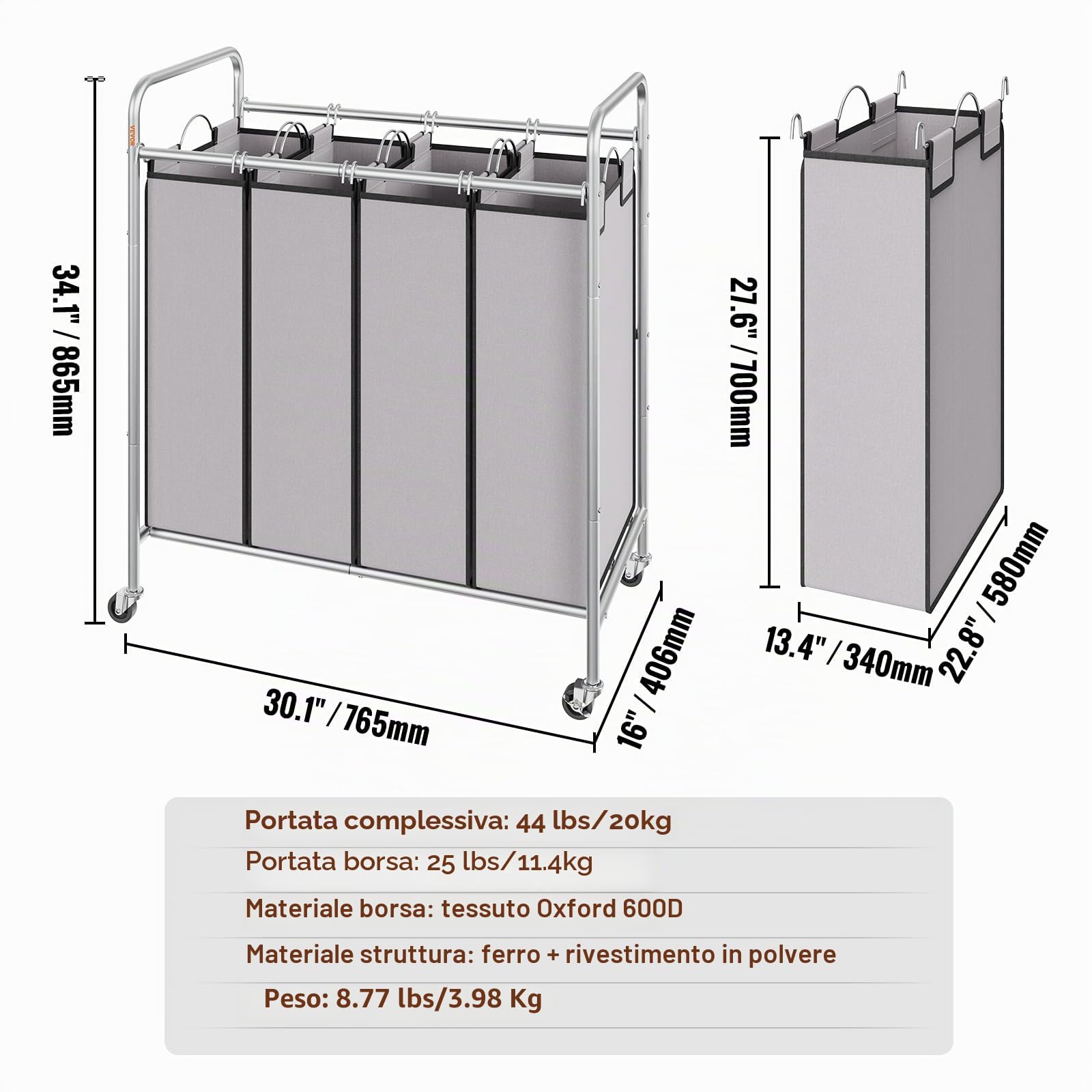 VEVOR Carrello Portabiancheria a 4 Sezioni, 765x406x865 mm Cesta Porta Biancheria con 4 Sacchi Rimovibili Tessuto Oxford, Portabiancheria Mobile in Ferro con Ruote in Gomma Carico 20KG per Lavanderia