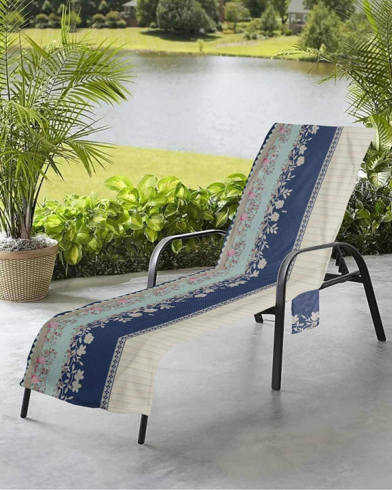 Embroidered Flower Beach Chair Towel Covers for Chaise Lounge with Side Pocket, Soft Plush Pool Towels Cover for Patio Sunbathing Outdoor 29''x85'' Vintage Geometric Botanical Floral