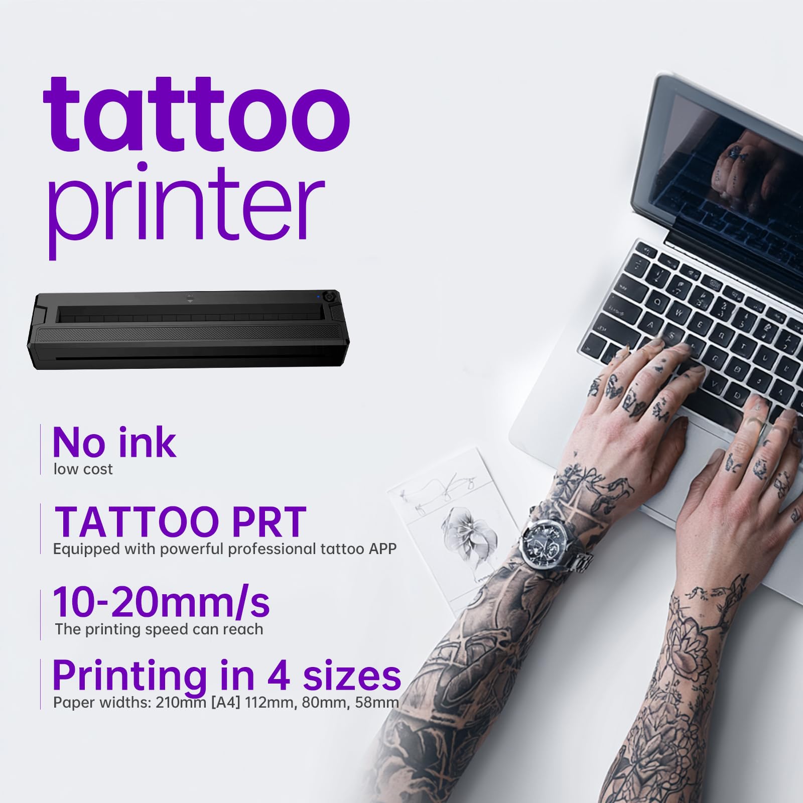 Tattoo Stencil Printer Machine for Tattooing, Portable Bluetooth Thermal Tattoo Transfer Printer for Tattoo Artists & Enthusiasts., Compatible with Android, iOS, Windows(Black)