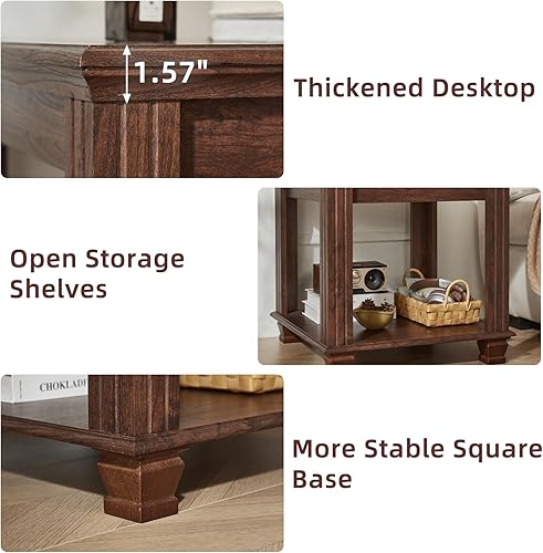 Miniatura 8 de Juego de 2 mesas auxiliares de granja con estante de almacenamiento de 2 niveles, mesas auxiliares color marrón rústico para sala de estar, mesa de