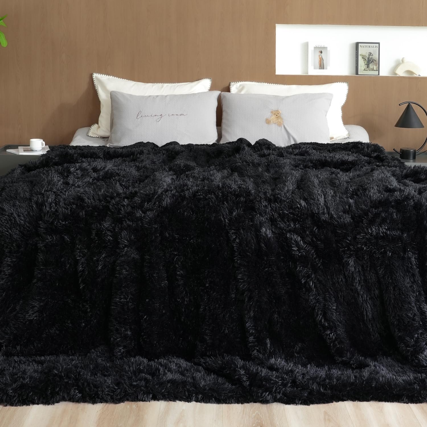 Pawque Faux Fur Blankets Queen Size 90x90 Inches, Soft Fuzzy Fluffy Blanket, Warm Thick Sherpa Long Hair Shag Reversible Lightweight Cozy Throw for Bedroom Sofa Couch, Black Black 90" x 90"