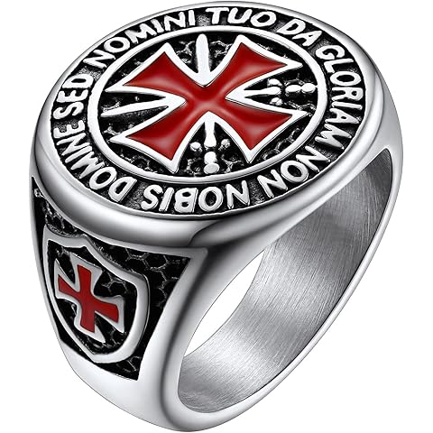 FaithHeart Mens Stainless Steel Crusader Jerusalem Cross Ring with 18K Gold Plated Two Tone Ring Size 7,8,9,10,11,12