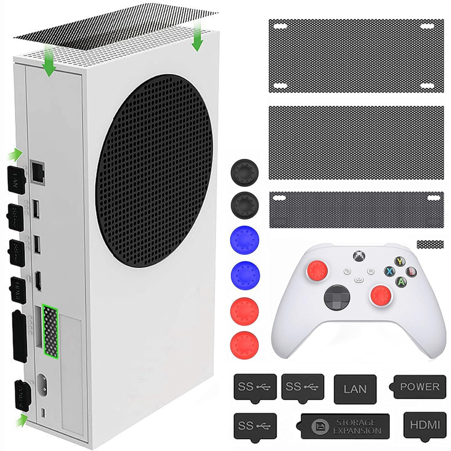 For Xbox Series S Dust Cover, Accessories with 4 Dust Covers and 7 Silicone Plugs,6 Thumb Grip Caps, for Xbox Series S White and Black Console Accessories