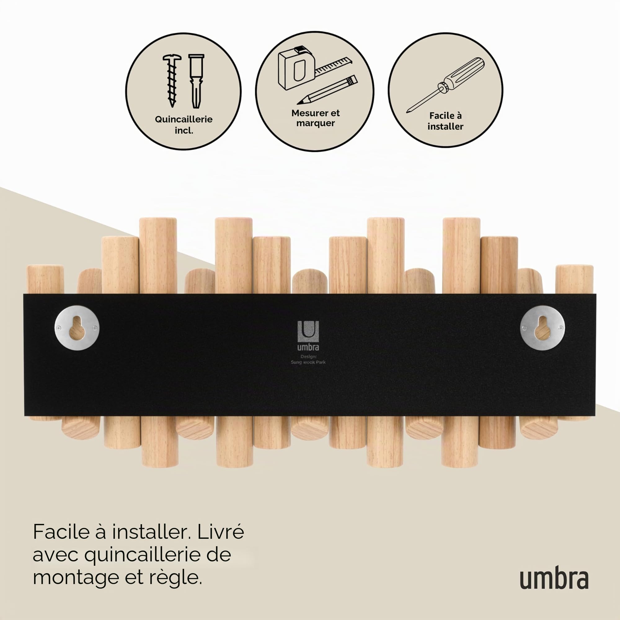 Umbra Picket 5. Patère Murale 5 crochets, en Bois Naturel, 37,1x16,5x4,4 cm