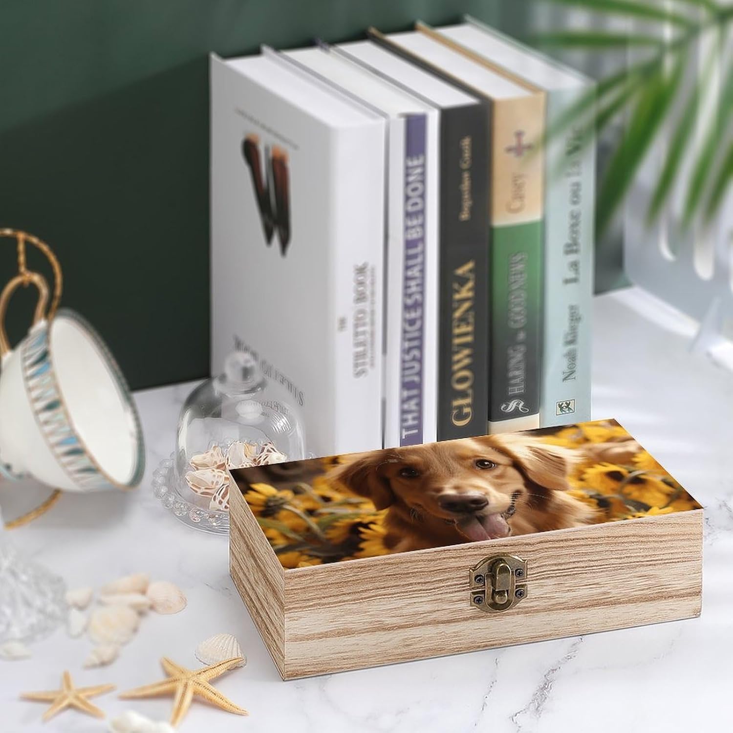 Vintage Wooden Storage Box with Hinged Lid, Golden Retriever Sunflower image 4