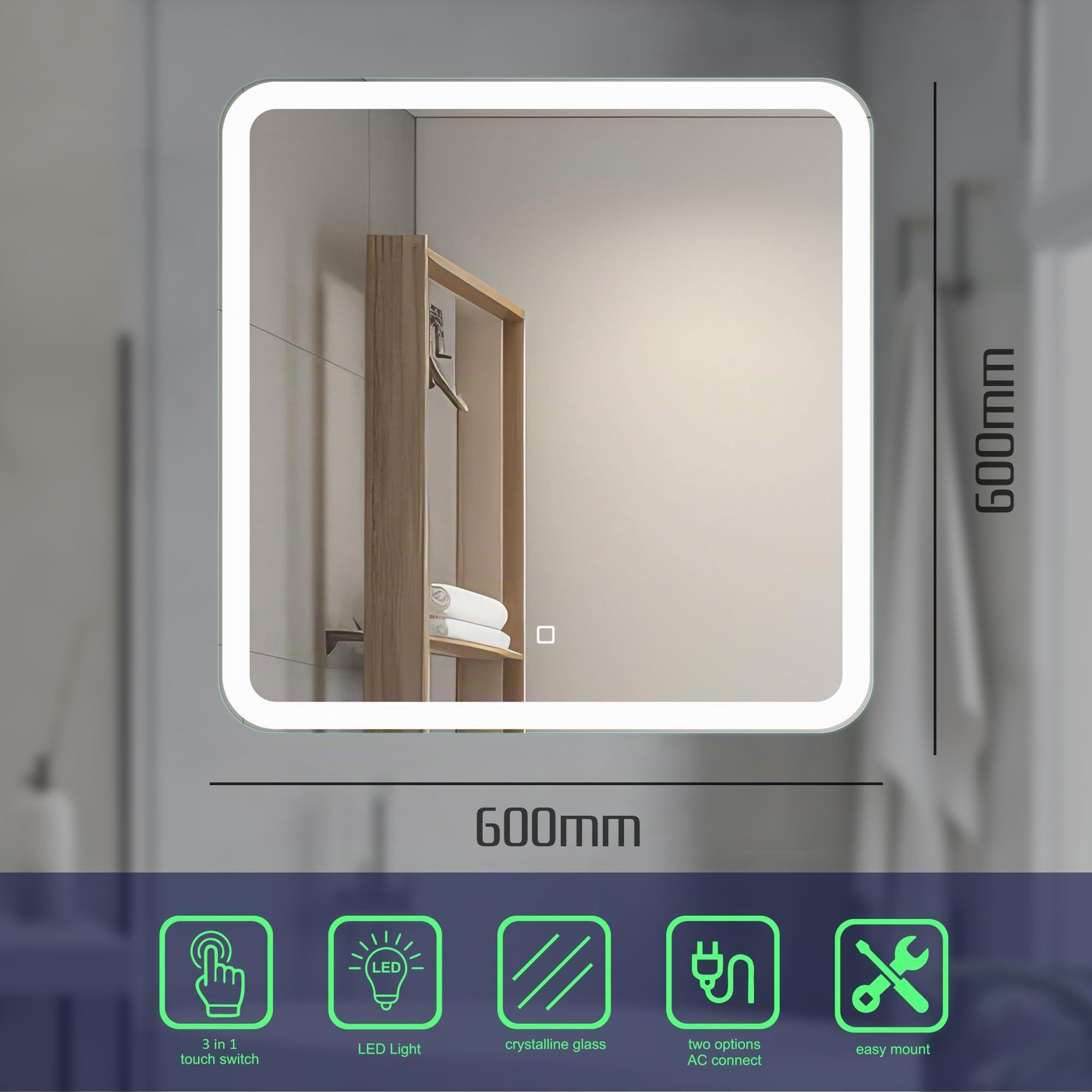 60x60 cm Espejo de Baño Cuadrado con Luces LED Espejo de Baño Iluminado Espejo de Tocador Esquinas Redondeadas Cuadrado con Luz LED Frontal en Blanco Natural