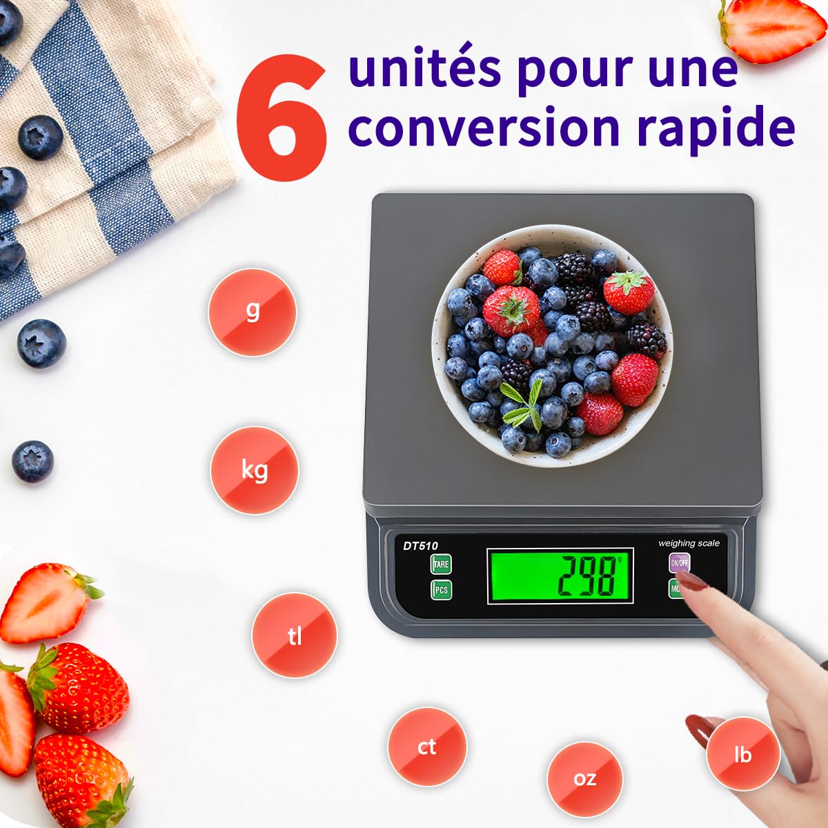 Balance de Cuisine, 30kg/1g pèse Aliment Cuisine Precis, avec PCS et Tare Fonction Professionnelle Balance Cuisine Boulangerie, 6 Unités g,oz,LB,kg,TL,CT avec Écran LCD Électronique Balances