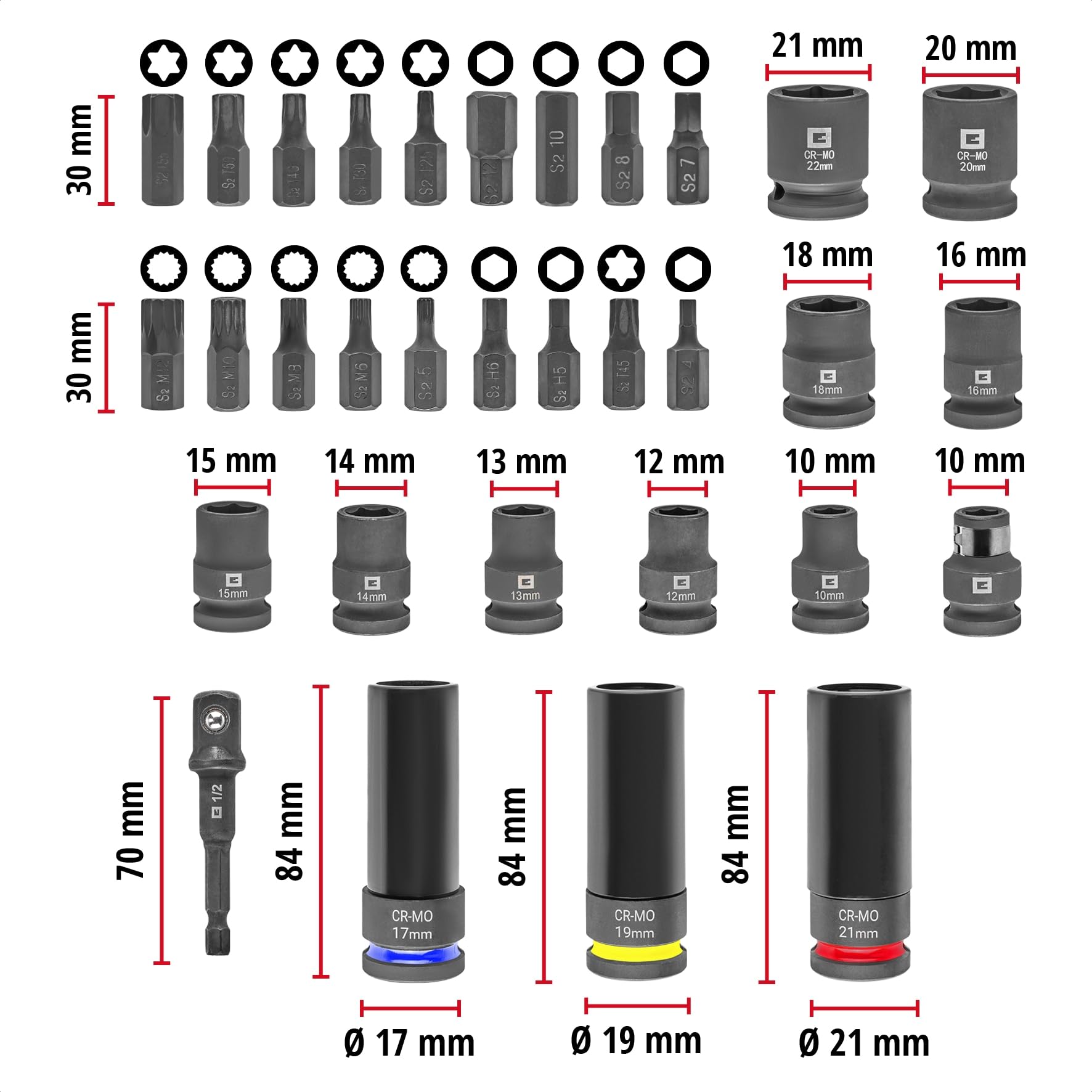 Juego de vasos de impacto Einhell original de 32 piezas (18x vasos Kraftbit de 30 mm, 9x vasos de 40 mm, 3x vasos de 80 mm, acero S2 y CrMo, funda de plástico, para automoción)