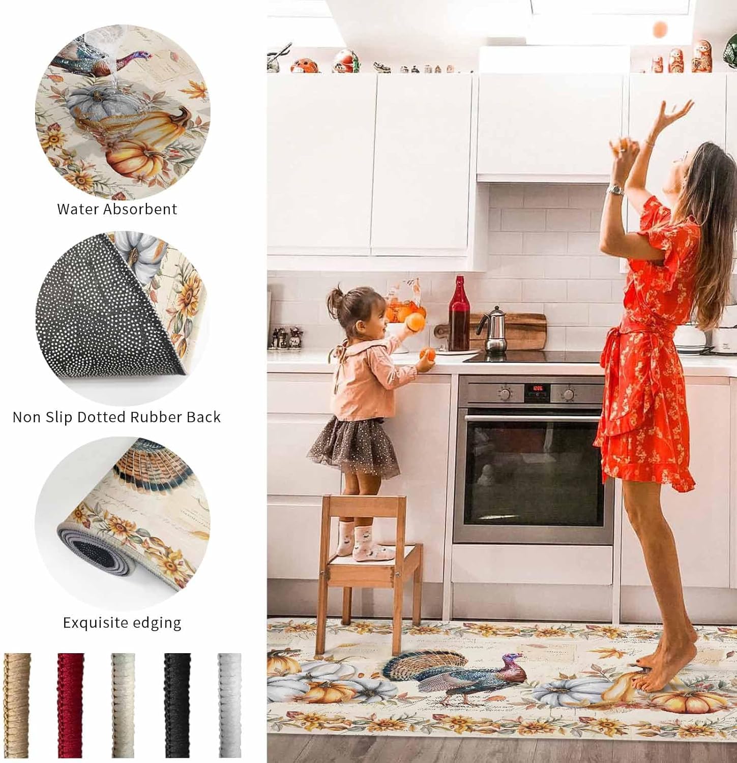 Prime Leader Thanksgiving Turkey Kitchen Mats Set of 2 Pumpkins Maple Leaf Sunflower Fall Rustic Vintage Text Non Slip Washable Absorbent Kitchen Rugs for Floor, 23.6"x35.4"+23.6"x70.9"