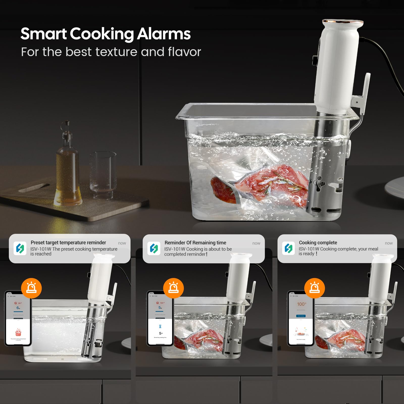 INKBIRD 2.4G WiFi Sous Vide Cooker ISV-101W, 1000 Watts Sous Vide Machine Thermal Immersion Circulators 3D Water Circulation Heating with App Preset and Machine Recipes, Pre-alarm (White)