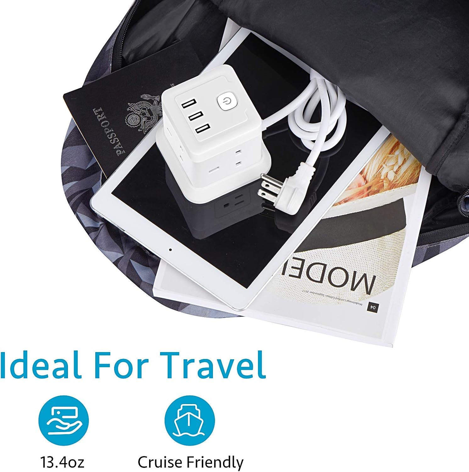 BEVA Power Strip with USB - 5ft Long Extension Cord with 4 Widely Spaced Outlets and 3 USB Ports Cube Desktop Charging Station, Overload Protection, Compact for Travel, Cruise Ship and Dorm