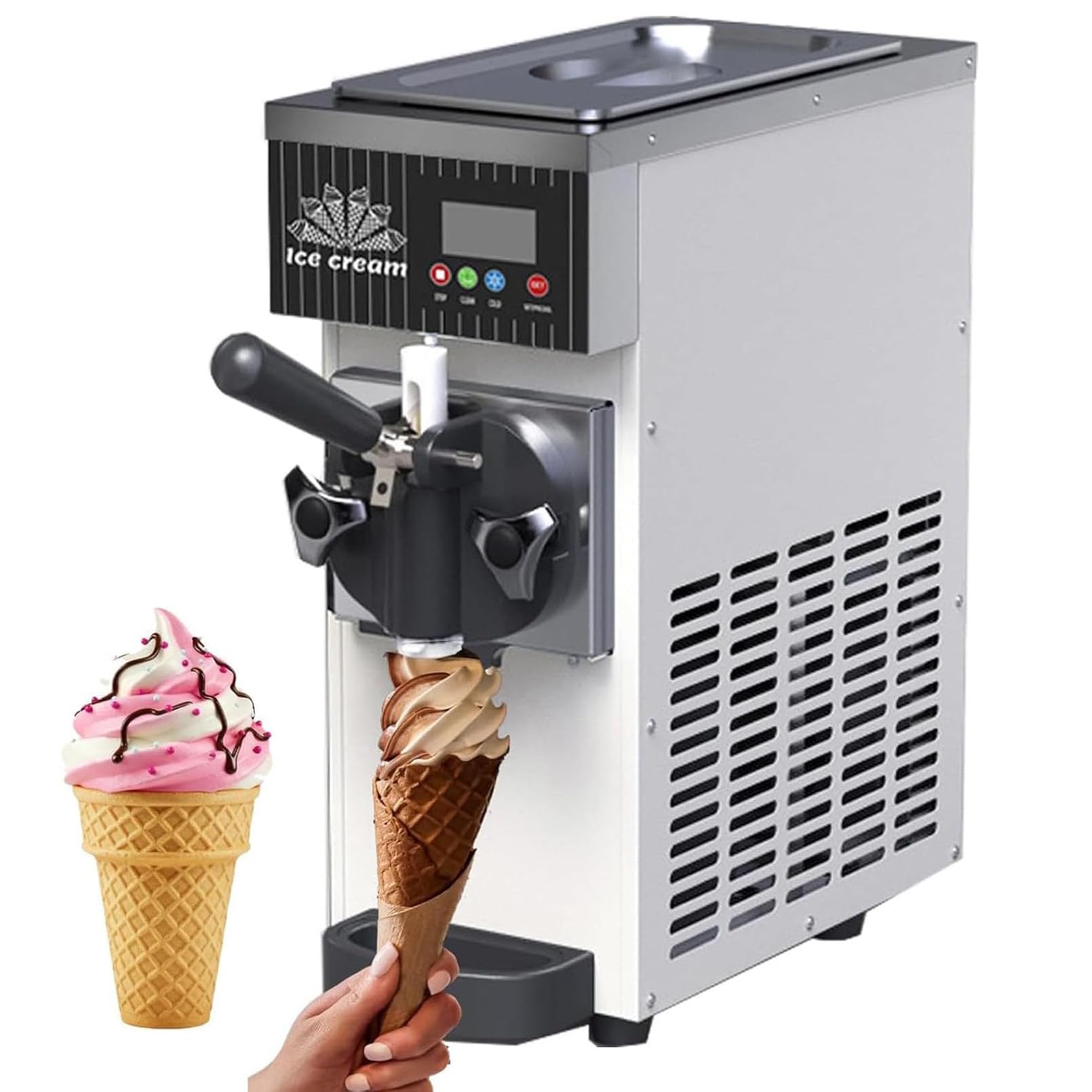 Macchina Professionale per Gelato, Macchina per Gelato Soft a Gusto Singolo da 450 W, Produzione 4–5 L/h, tramoggia da 2,5 L, Touchscreen, Pulizia Automatica e Pre-Raffreddamento White