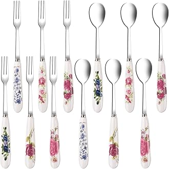 12 Pieces Forks and Spoons with Ceramics Handle, Stainless Steel Utensils Dessert Spoons and Forks Set for 6, Cutlery Set with Flower Pattern, Flatware Sets for Home Restaurant and Kitchen