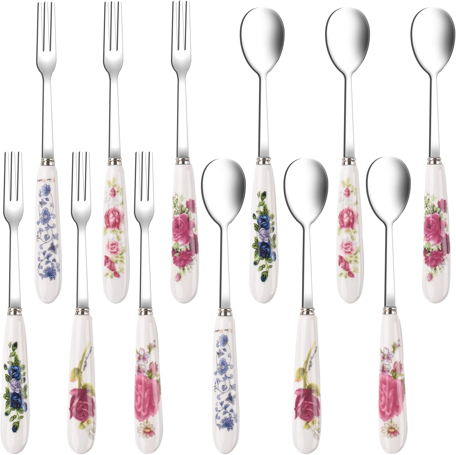 12 Pieces Forks and Spoons with Ceramics Handle, Stainless Steel Utensils Dessert Spoons and Forks Set for 6, Cutlery Set with Flower Pattern, Flatware Sets for Home Restaurant and Kitchen