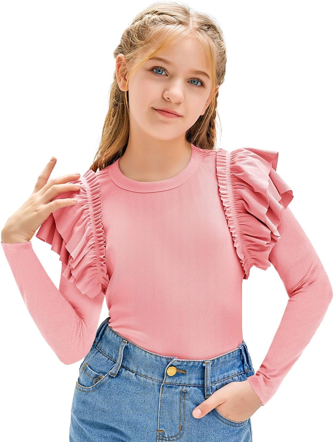 rrhss Girls Ruffle Long Sleeve Shirts Kids Cute Fitted Crew Neck Ribbed Knit Tops Clothes