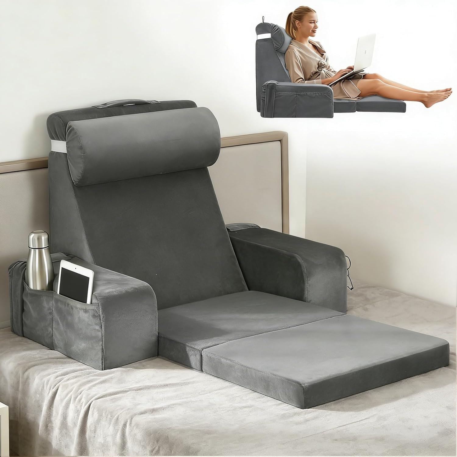 Cuscino da lettura per letto e divano, cuscino per schienale in memory foam, con cuscino cervicale e braccioli e cuscini rimovibili, cuscino per la schiena per adulti per leggere videogiochi
