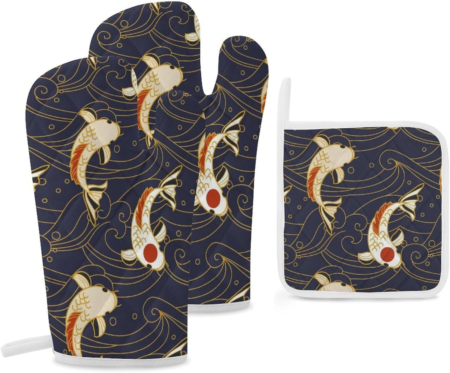 Japan Waves Fish Print Oven Mitts and Pot Holders 3 Piece Sets Heat Resistant Gloves Hot Pads Potholders for Kitchen Baking Cooking