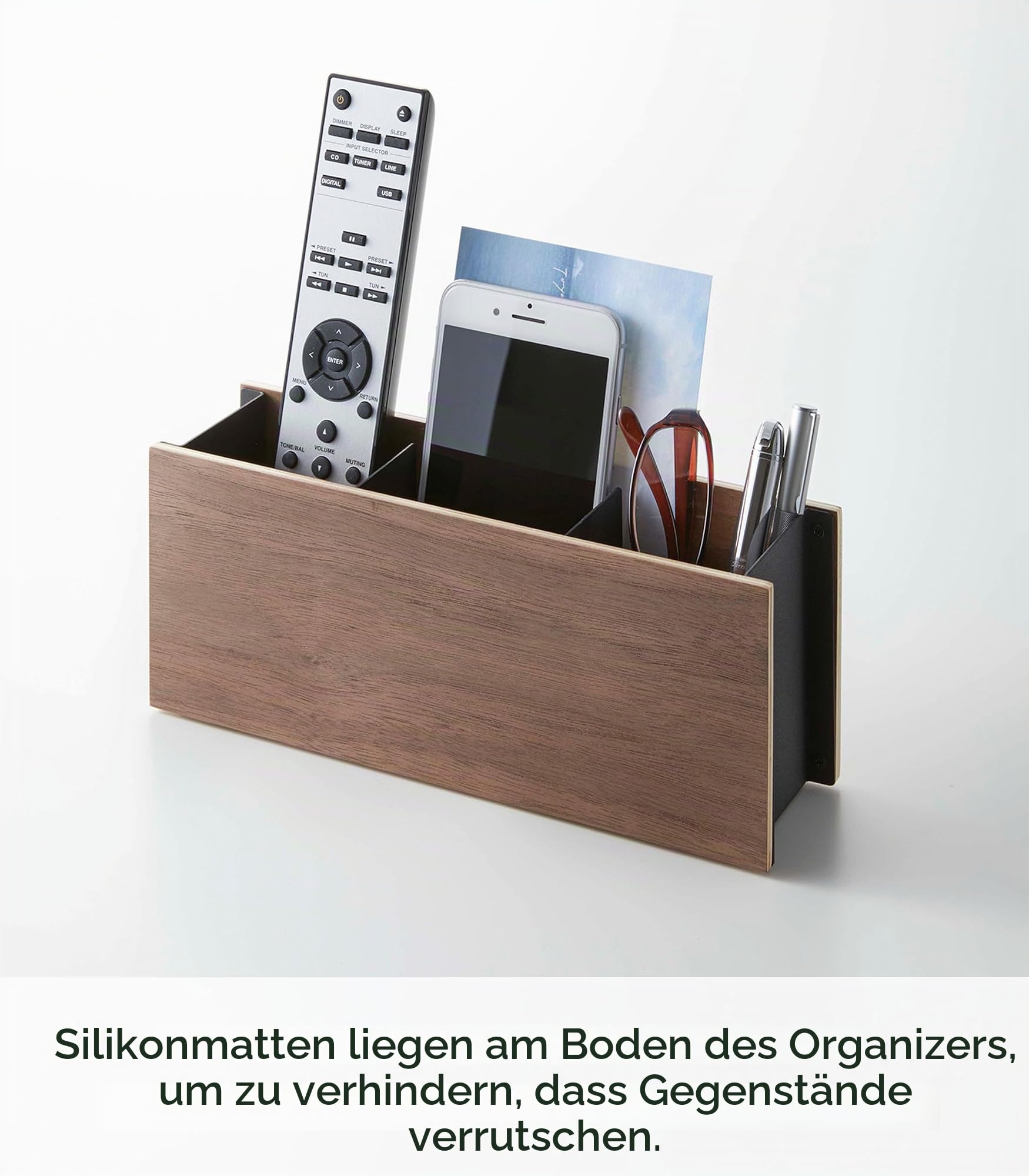 YAMAZAKI 2731 RIN Desk Organiser, black, Wood/Steel, 25 x 7 x 10.2 cm