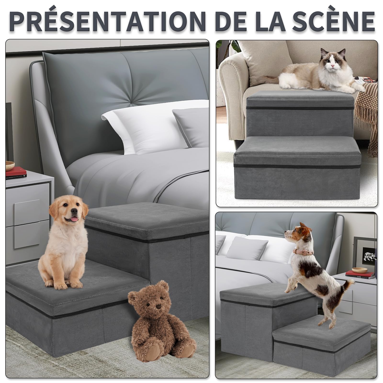 OUUTMEE Escalier pour Chien, Escalier pour Animaux avec Rangement Intégré, Escalier Chien Pliable Antidérapante pour Chiots, Chats Petits/Moyens et Animaux Agés, Lit et Sofa (Gris) (2 Marches)