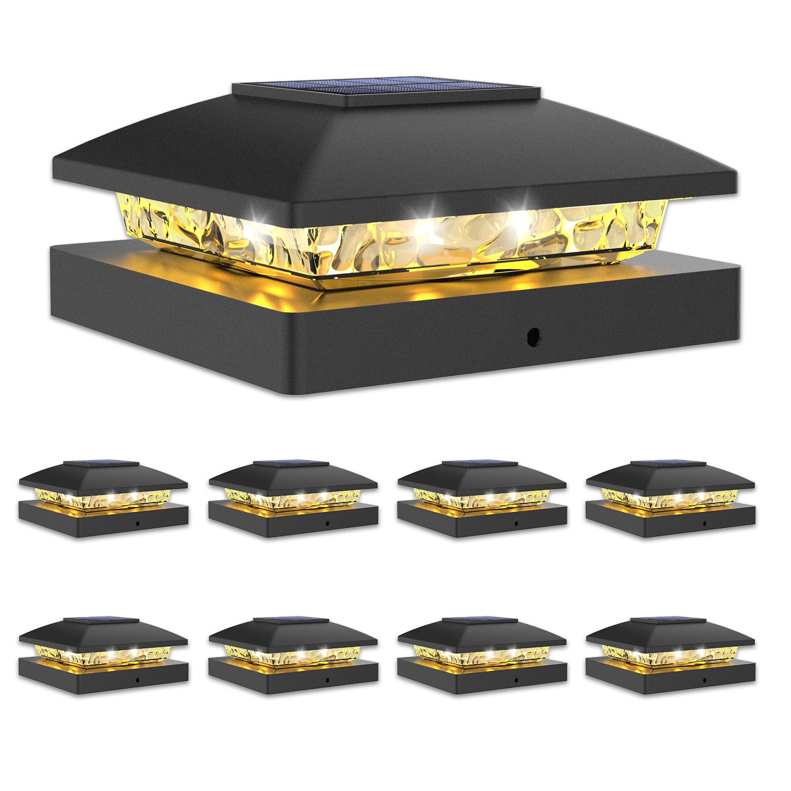VOLISUN Confezione da 8 luci solari per pali da 4 x 4, luci solari per esterni, impermeabili, per pali in legno/vinile, luce nera per palo di copertura, alimentato a energia