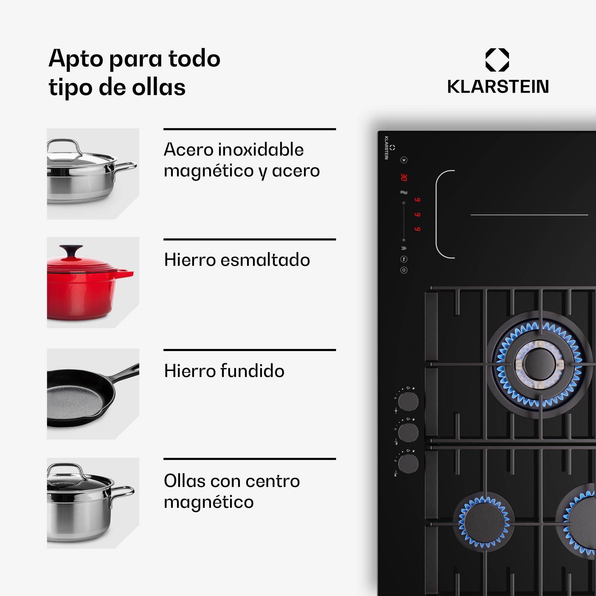 Klarstein MultiChef 5 Placa Mixta Gas Inducción - 5 Zonas (3 Gas, 2 Inducción), Flexzone, Control Deslizante, Stop&Go, Temporizador, 10.6Kw, Negro