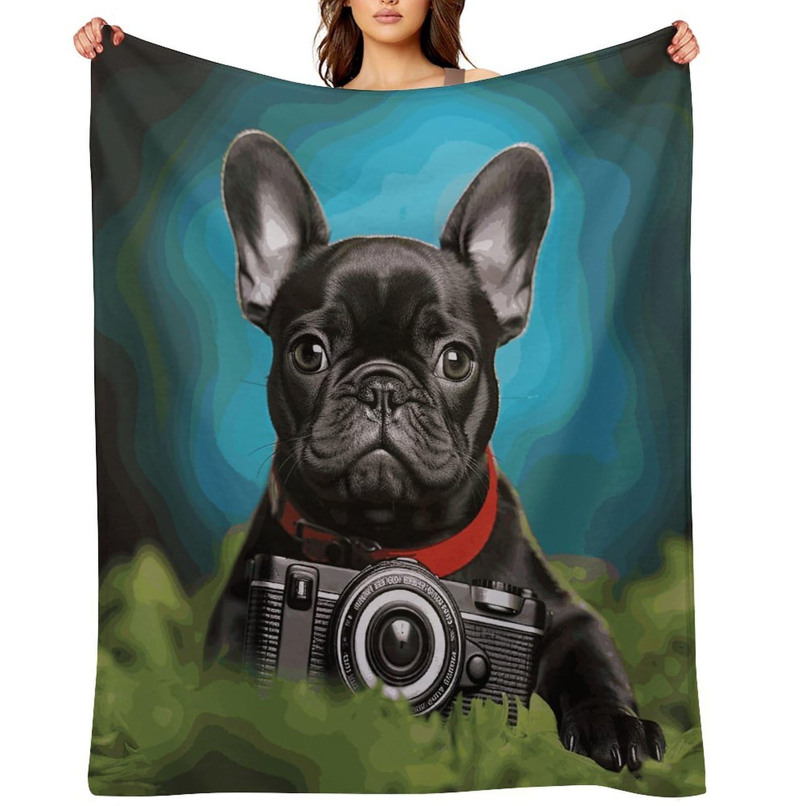 Fekiloot Style French Bulldog Puppy With Camera Throw Blankets Camping Blanket60"X80"