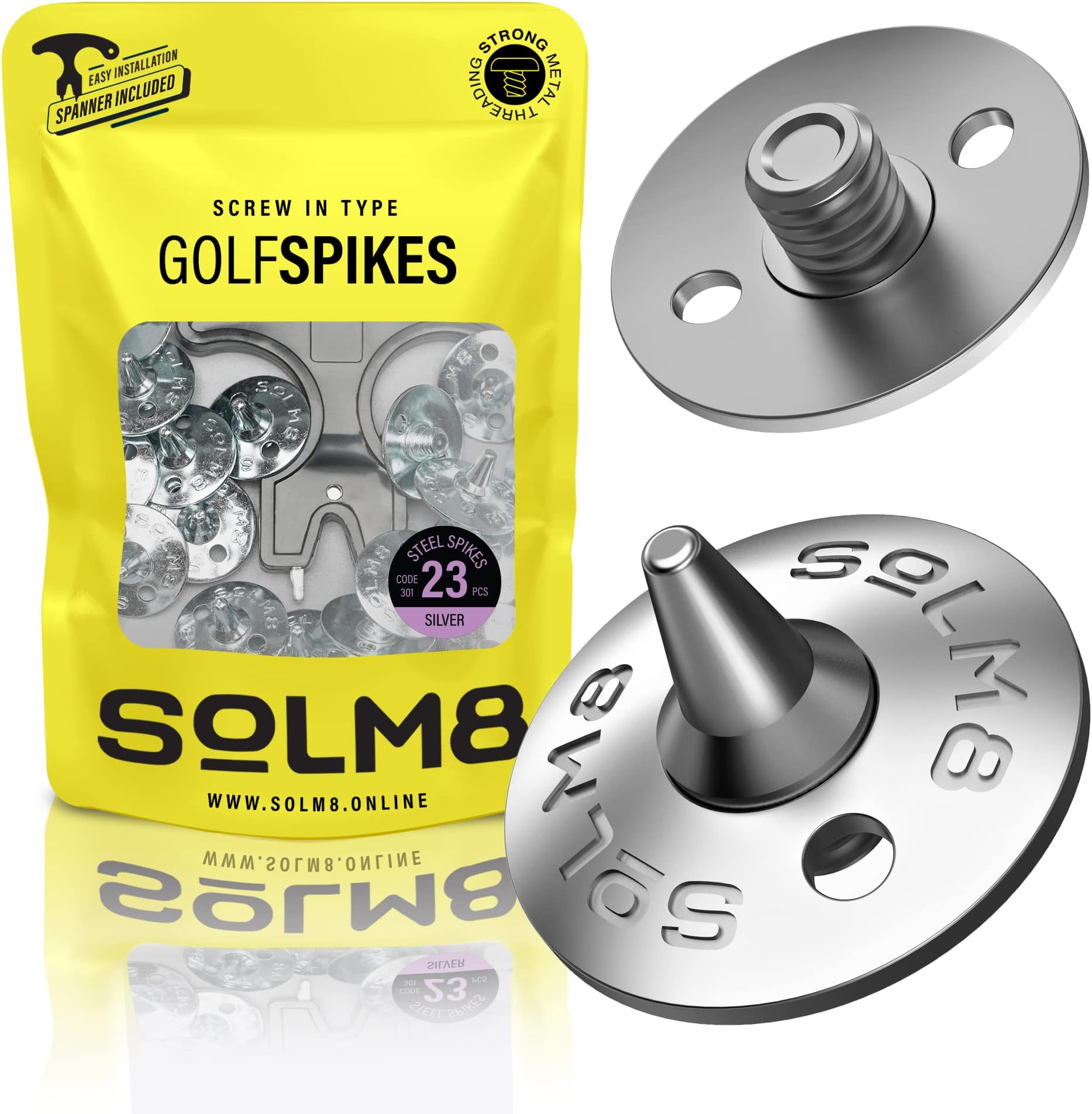 SOLM8Metal Cleats Replacement For Golf and Cricket Shoes with Steel Spikes, Screw Type Metal Threading- With Spanner