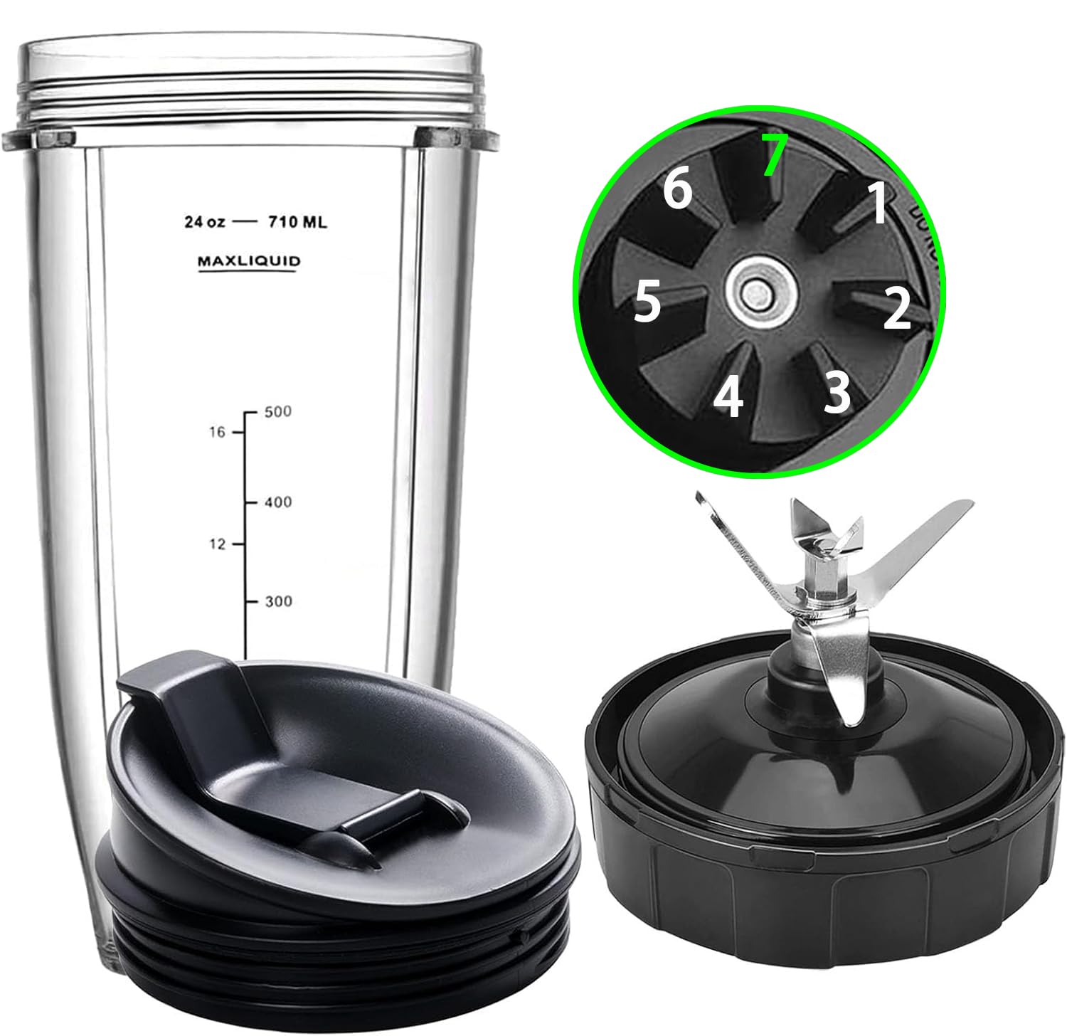 Blender Replacement Parts for Ninja, 24oz Ninja Blender Cup with To-Go Lid, 7 Fins Ninja Blender Blade Fit Ninja BL480_30 BL642 BN401 BN751 BN801 BL640-30 NN100-30 CT680 NN100A NN101 NN102 BL2012