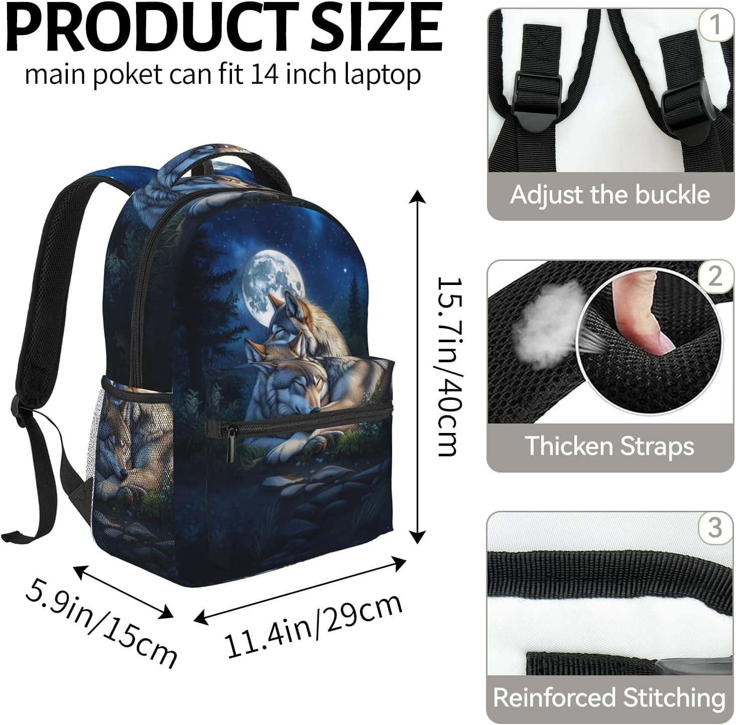 Romantic Night Wolf Backpack for Women Teen Girls School Laptop College Moonlit Forest Animal Celestial Wildlife Backpacks for Gifts Travel Hiking Work Camping, Polyester Lightweight Bookbag Back Pack