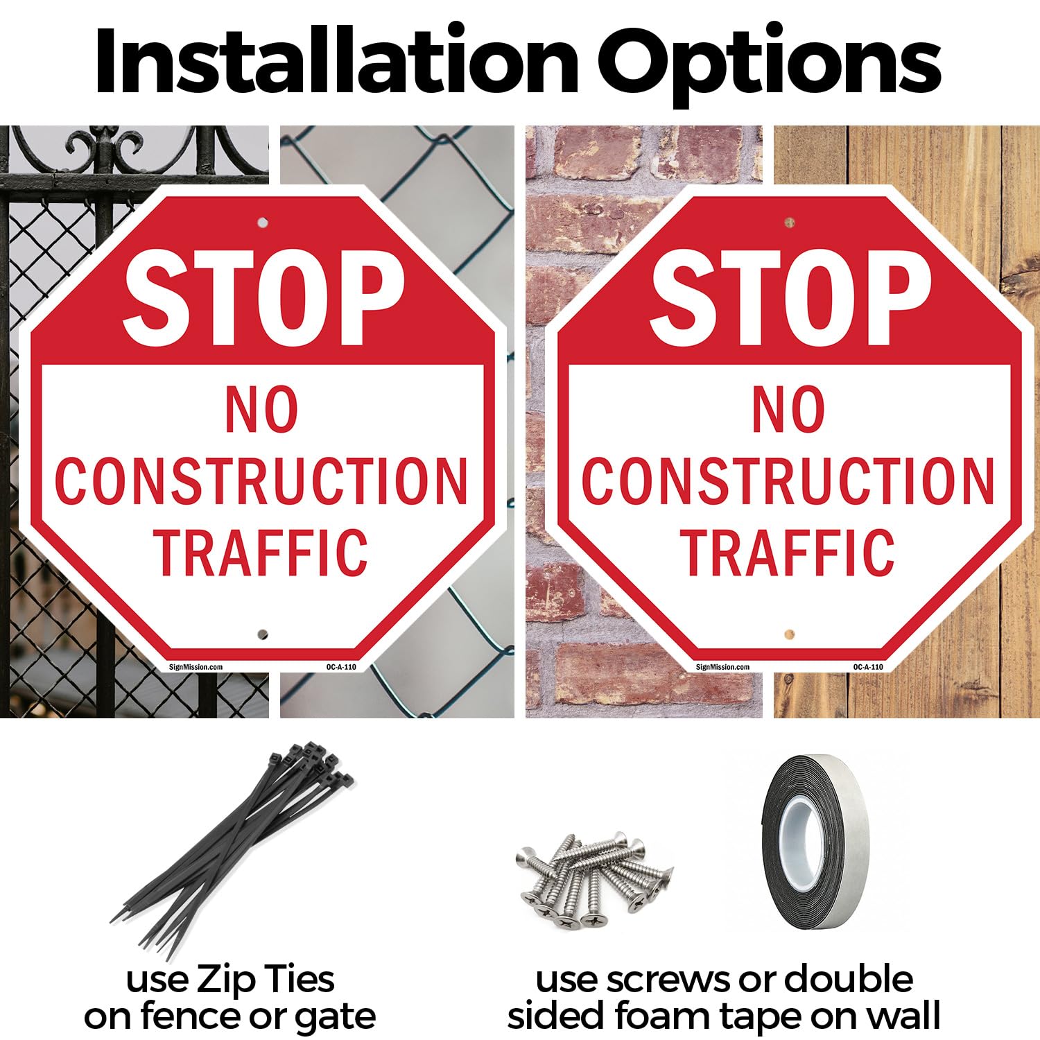 Stop No Construction Traffic Panneau octogonal en plastique résistant aux intempéries et aux UV pour lieu de travail, propriété privée et chantier de construction, fabriqué aux États-Unis 45,7 x 45,7