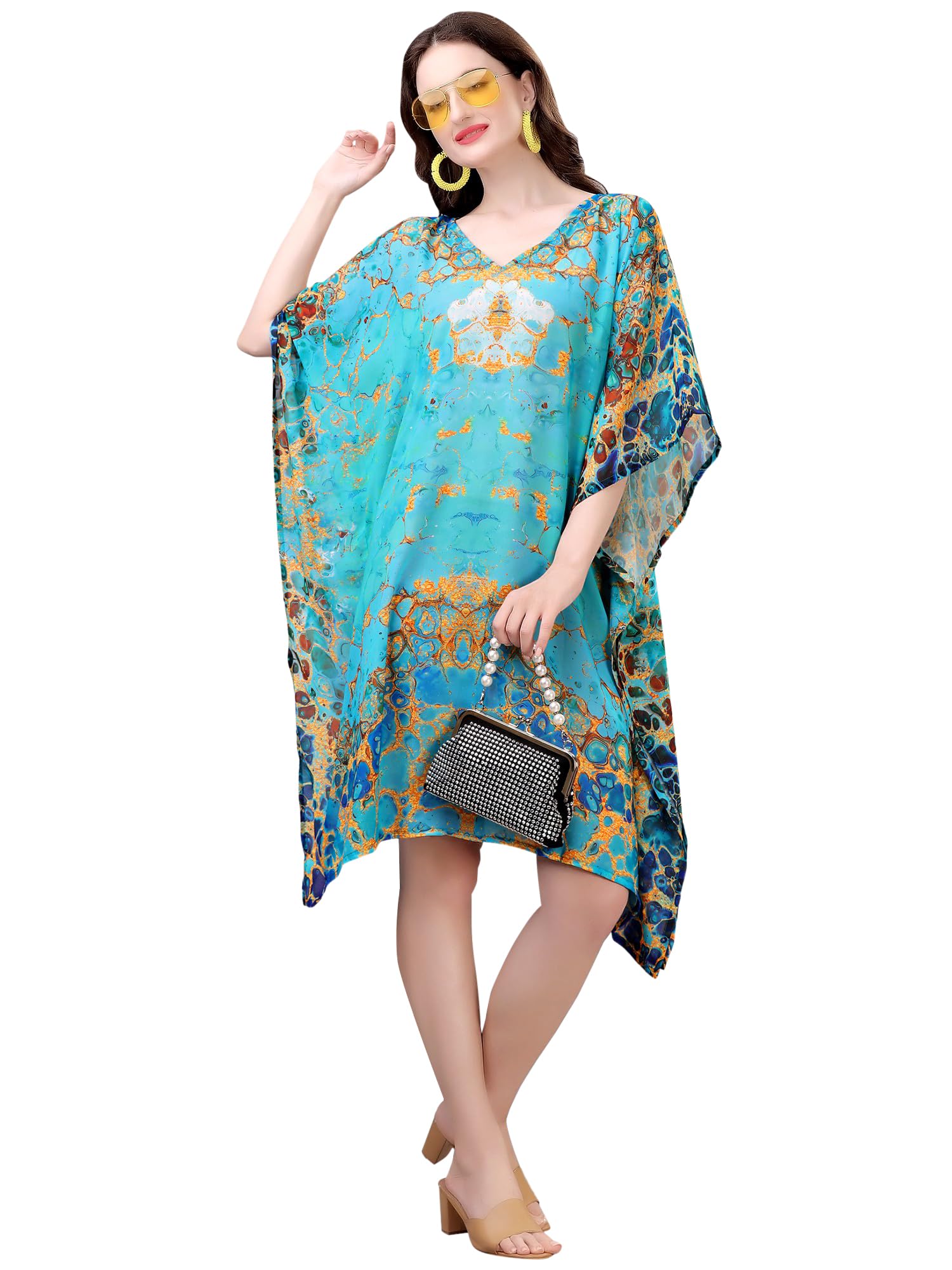 Blue Turquoise Printed Georgette Short Kaftan Tunic with Loose Fit for Casual Wear for Women's-image-11