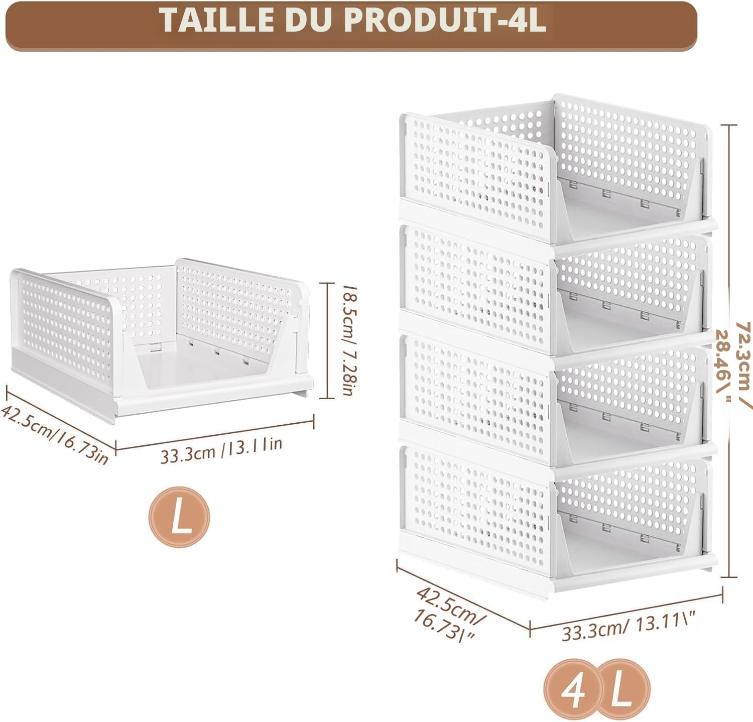 caktraie Lot de 8 Boîtes de Rangement en Plastique Empilables et Pliables pour Organisateur Armoire Vêtements dans la Chambre, le Placard (8 L), Blanc
