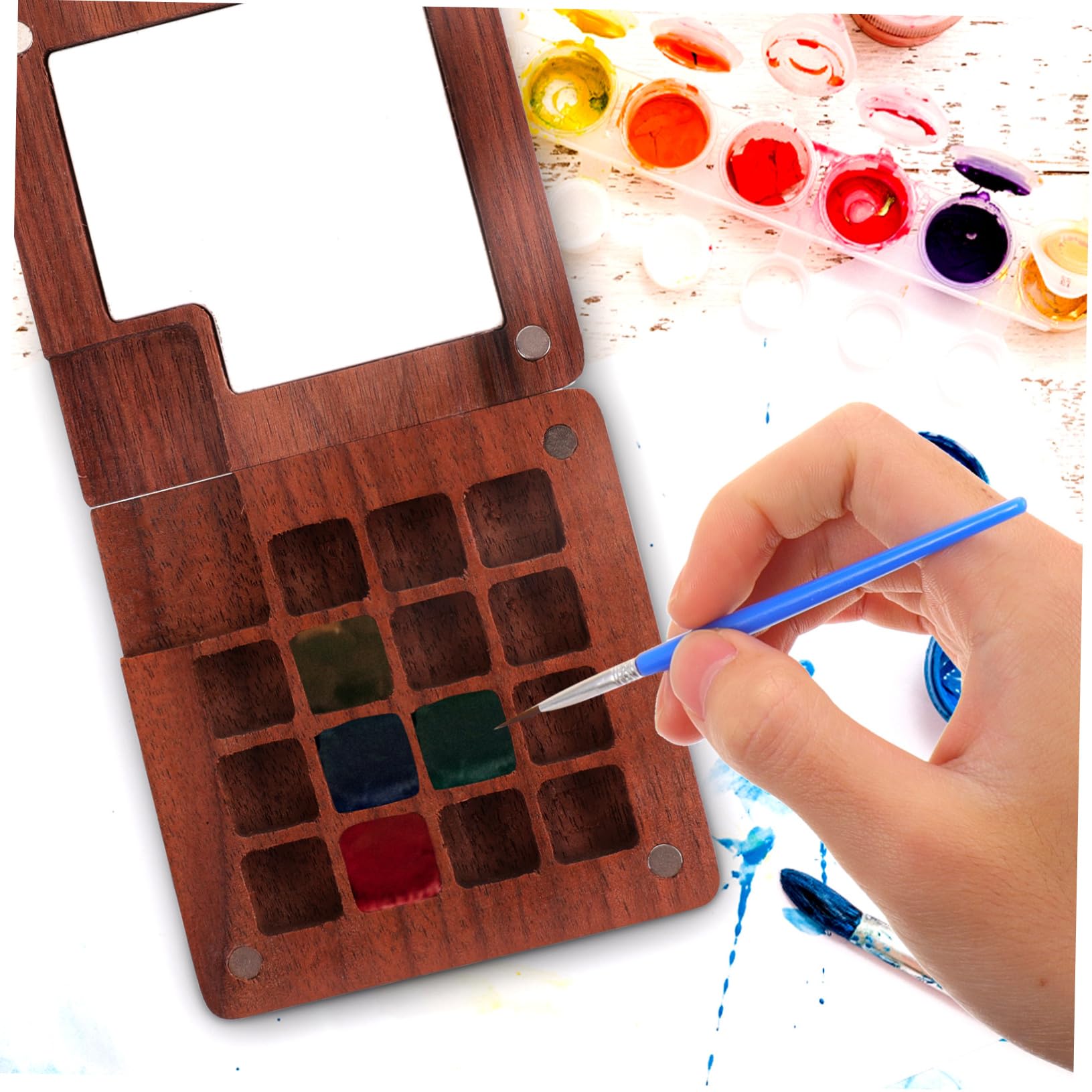 EXCEART 4stücke Wasserfarbenkasten Aus Schwarzem Walnussholz Farben Pigmentbox Mit Fächern Für Aquarellfarben Und Mischpalette Für Künstler Und Hobbyisten