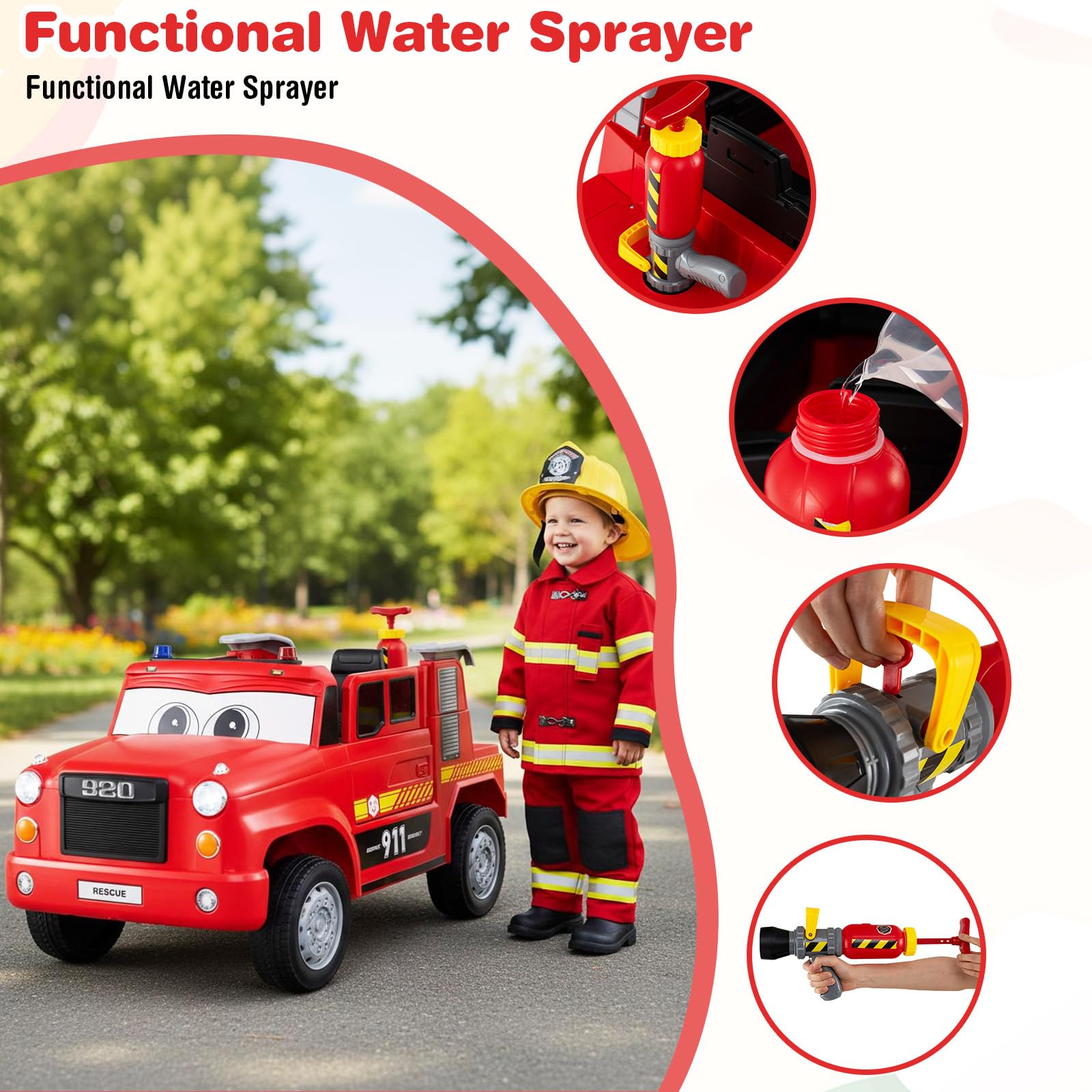 COSTWAY Kinder Elektroauto, 12V Feuerwehrauto Elektro mit Wasserpistole & Fernbedienung, Elektrisches Kinderauto mit Musik, Alarm, Blinklichtern und Softstart, Elektrofahrzeug für Kinder ab 3 Jahren
