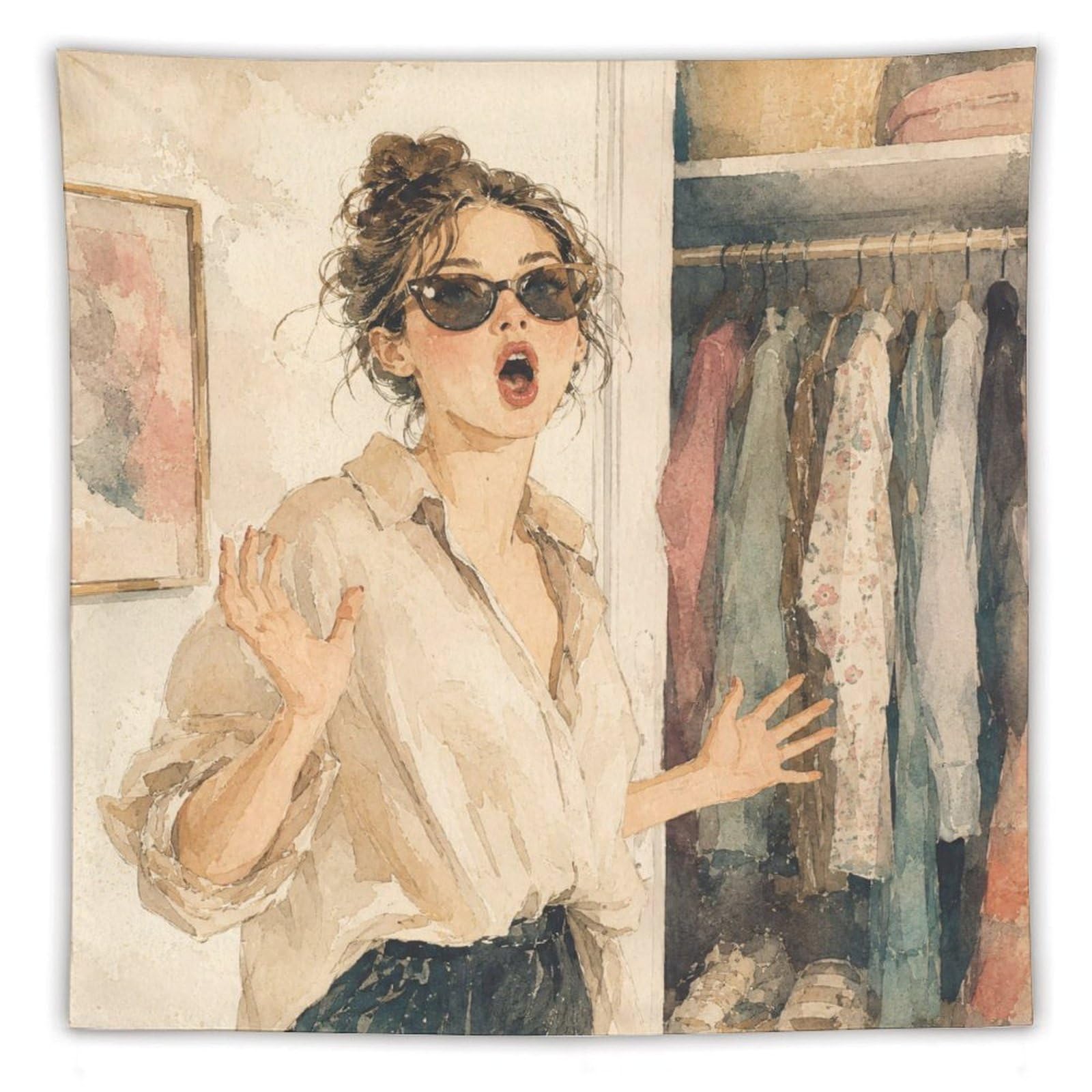 W7C8U2X3 Fashion Woman in Closet Wall Tapestry, Ceiling Hanging