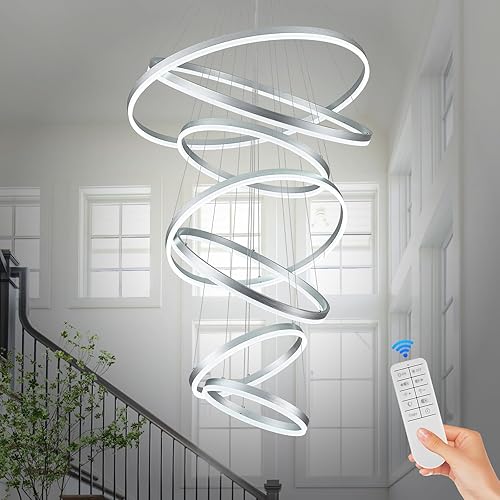 Miniatura 1 de Candelabros grandes para techos altos, lámparas de vestíbulo de 31.5 pulgadas, lámpara de techo alto, moderna lámpara de 7 anillos LED de plata para