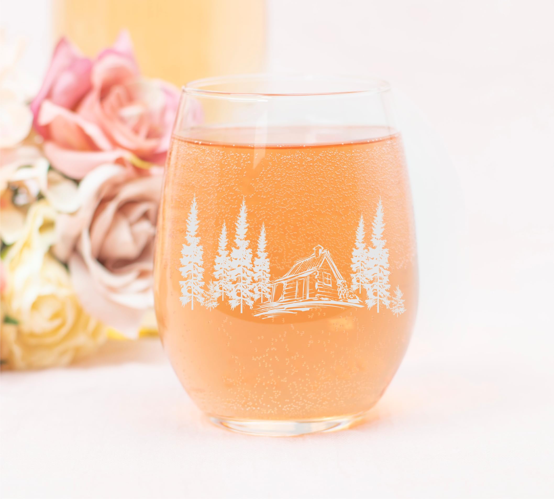 C M - Cabin in the Woods Stemless Wine Glass - 17 oz - Glass - Cabin Themed Gift for Men and Women