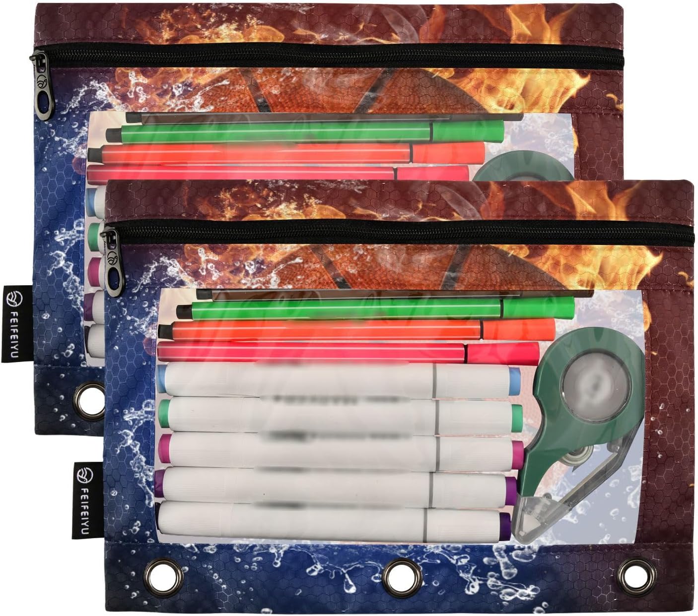Qilmy Basketball Binder Pocket,2Pack Zipper Binder Pockets with Clear Window,3 Ring Binder Pocket for School Office Supplies image 2