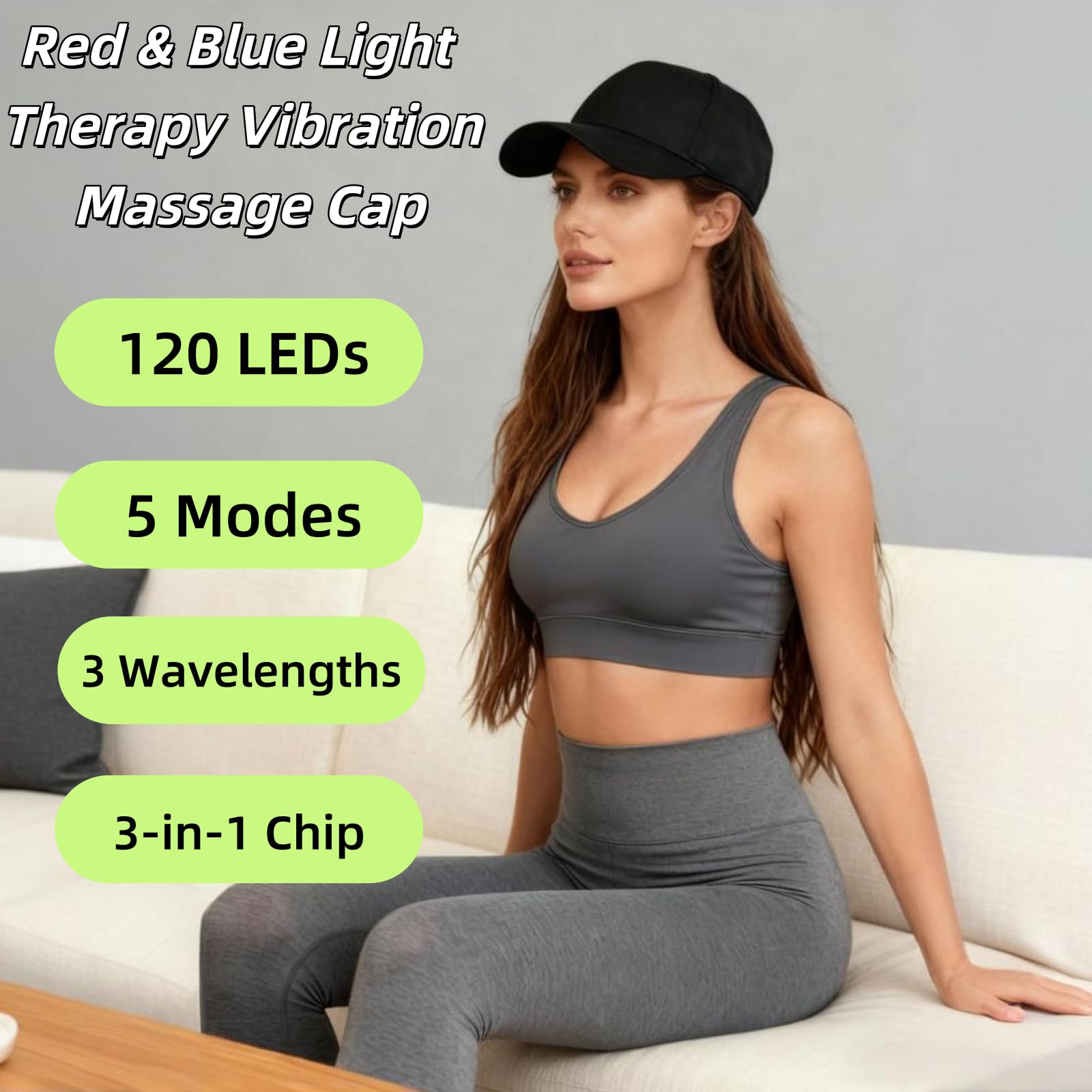 Rote & Blaue Lichttherapie-Kappe mit Vibrationsmassage, 120 LEDs 470nm/660nm/850nm Infrarotlicht für Haarwohl, mit 3-in-1 Hocheffizienz-Chip, Ein-Knopf 5 Modi