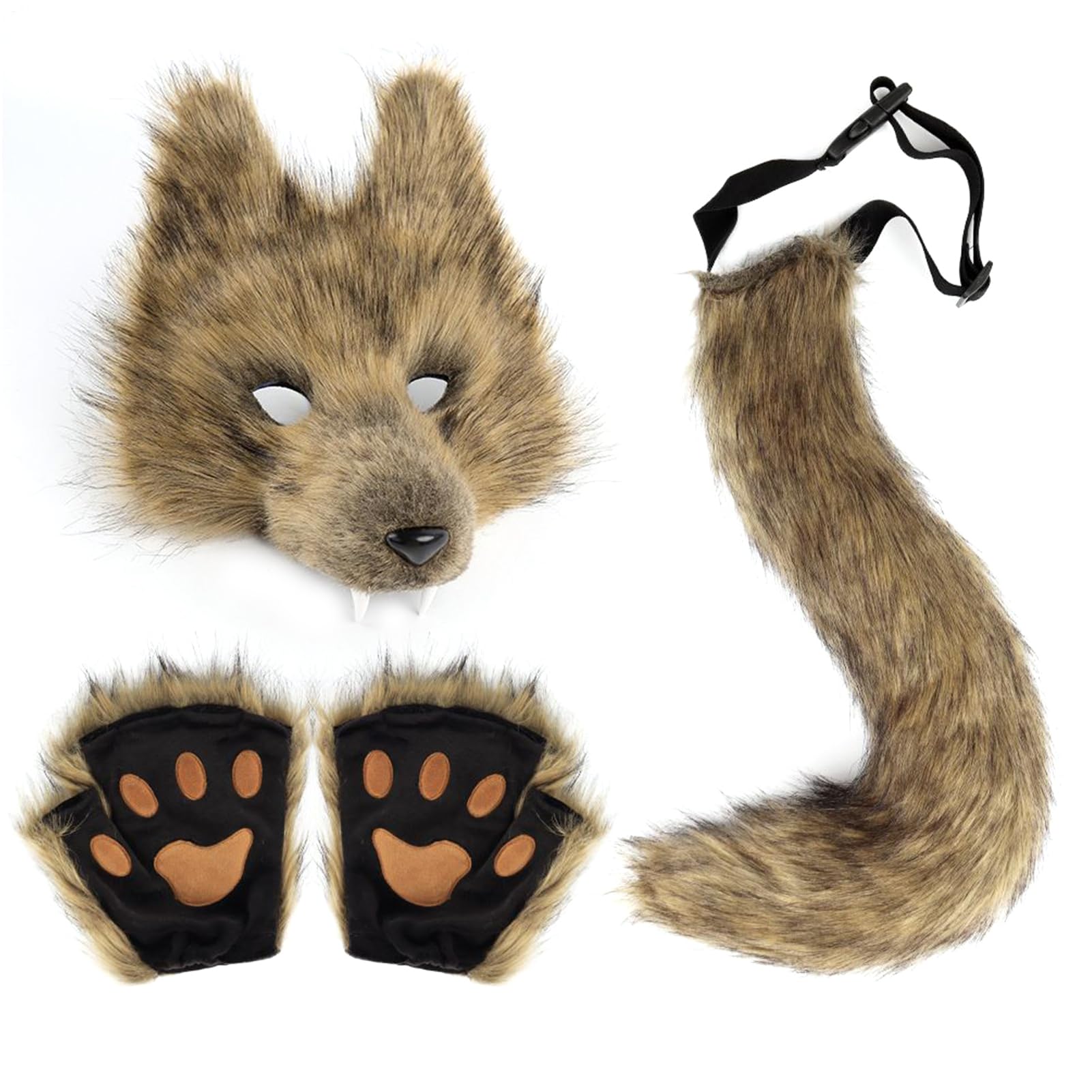 Bvizyelck 3PCS Wolf Costume Accessory Set, Animal Cosplay Costume Kit With Plush Maske, Cute Animal Ears Tail And Gloves, Adult Halloween Cosplay Animals Party Costumes Fancy Dress For Women, Men