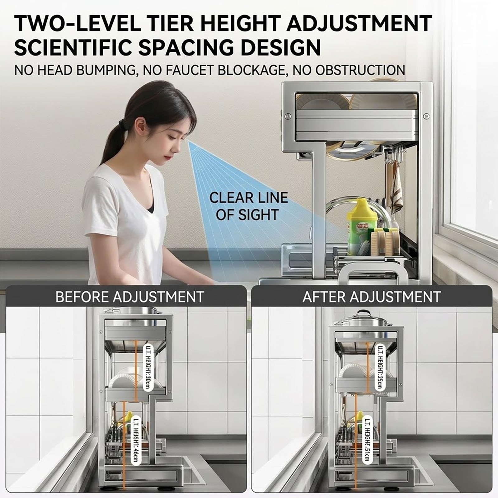 Scolapiatti espandibile a 2 ripiani in acciaio inox con scolapiatti con scolapiatti – Soluzione salvaspazio per asciugare i piatti da cucina per piccoli controsoffitti, ideale per uso domestico e