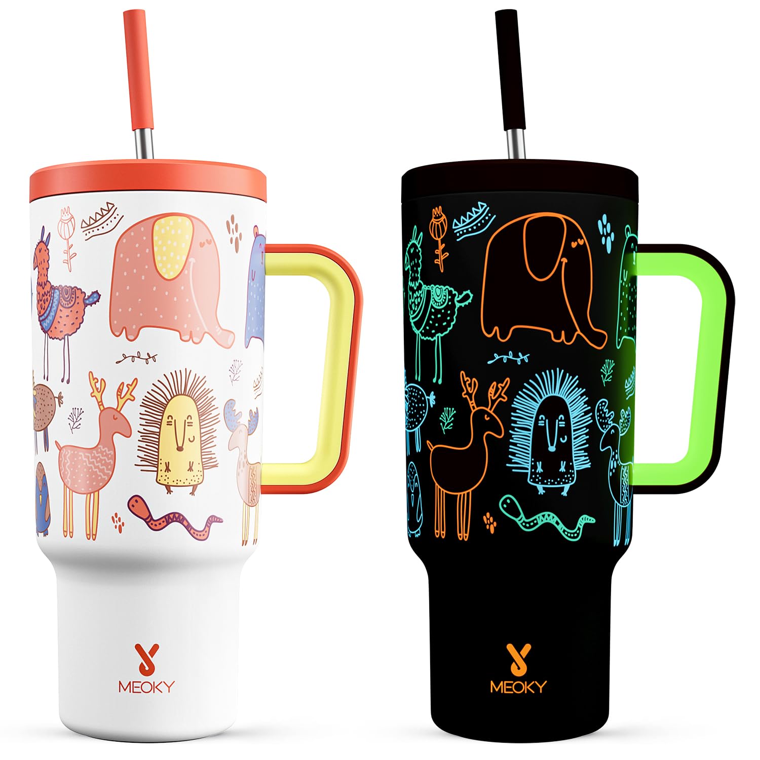 Meoky Glow in the Dark Tumbler: 40 oz Tumbler with Handle and Straw- Stainless Steel Insulated Tumbler for Car Cup Holders - Travelers Commuters Workers (1 Pack, Zoo)